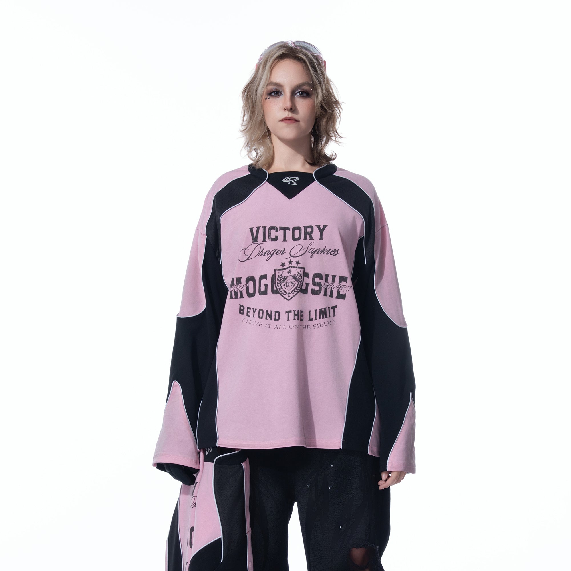 MOGONGSHE Retro Contrast Spliced Raglan Long-Sleeve Tee