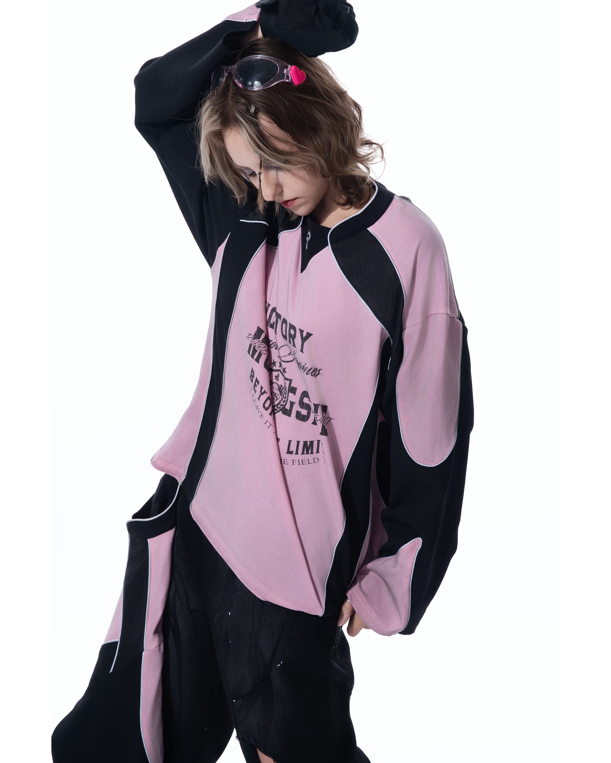 MOGONGSHE Retro Contrast Spliced Raglan Long-Sleeve Tee