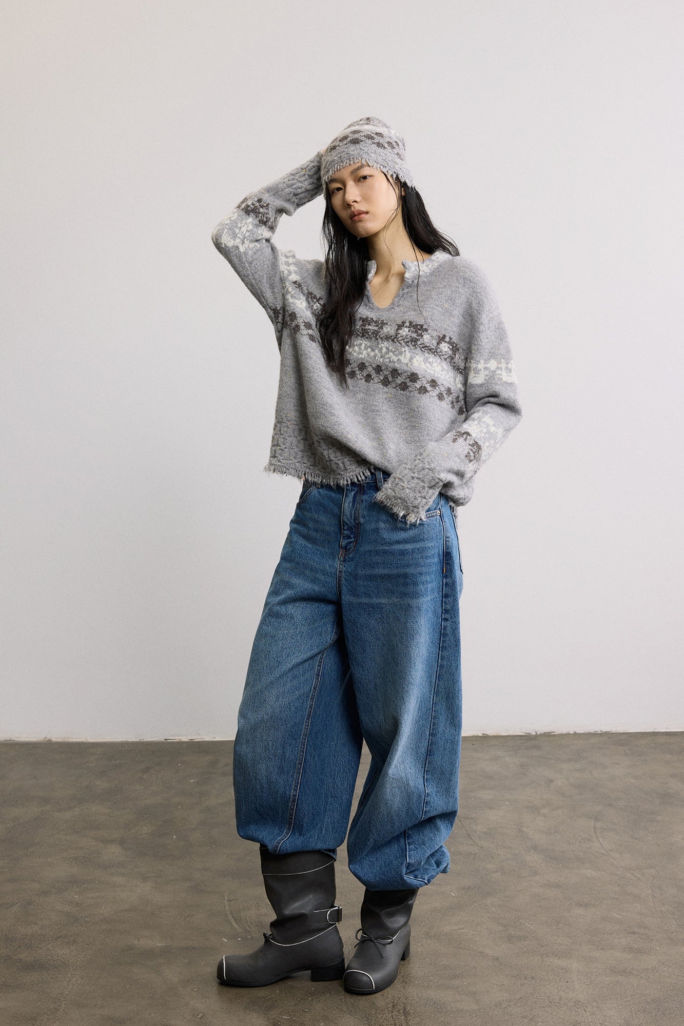 SAME FLOW Raw Edge Jacquard Wool-Blend Beanie