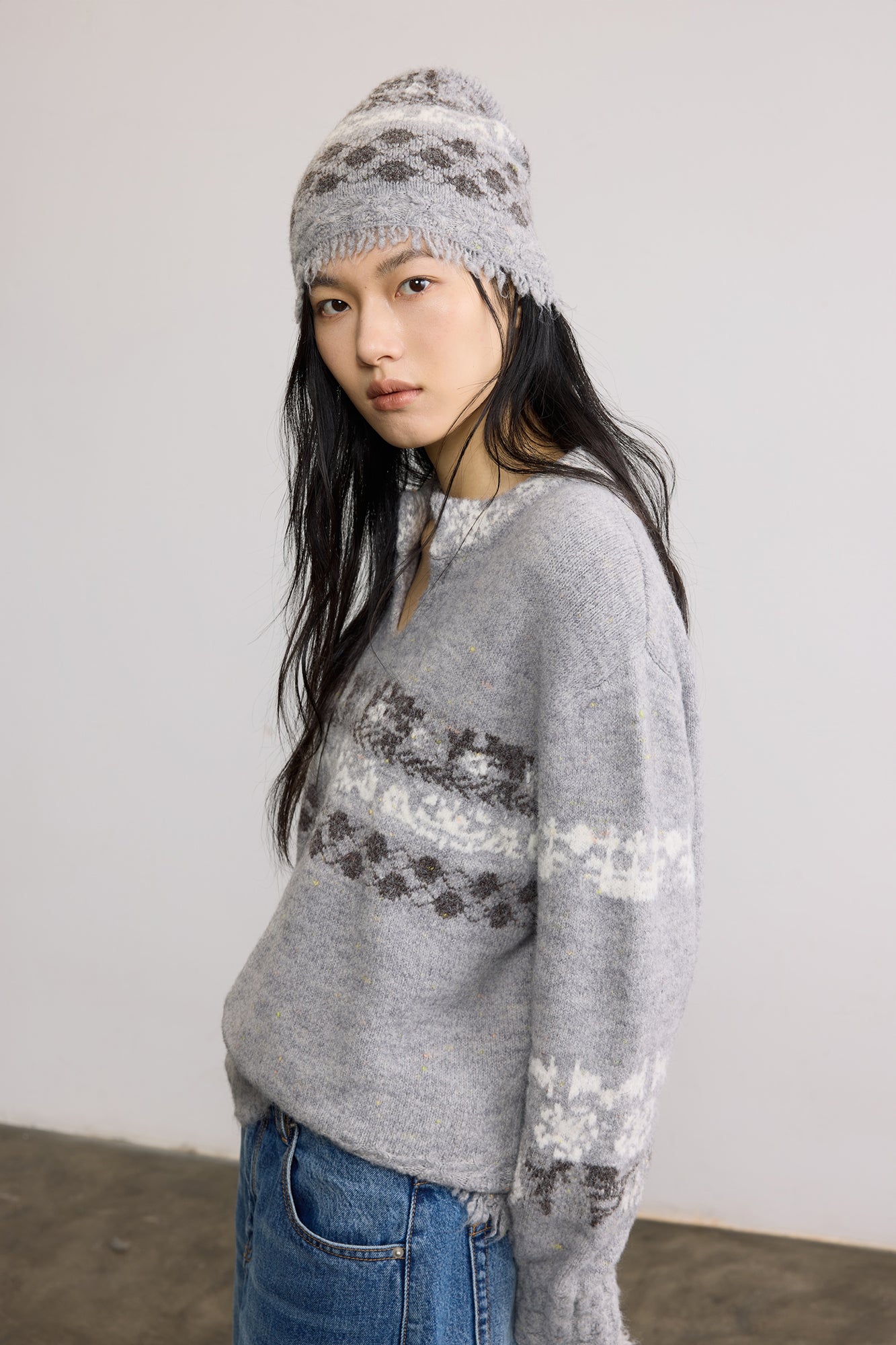 SAME FLOW Raw Edge Jacquard Wool-Blend Beanie