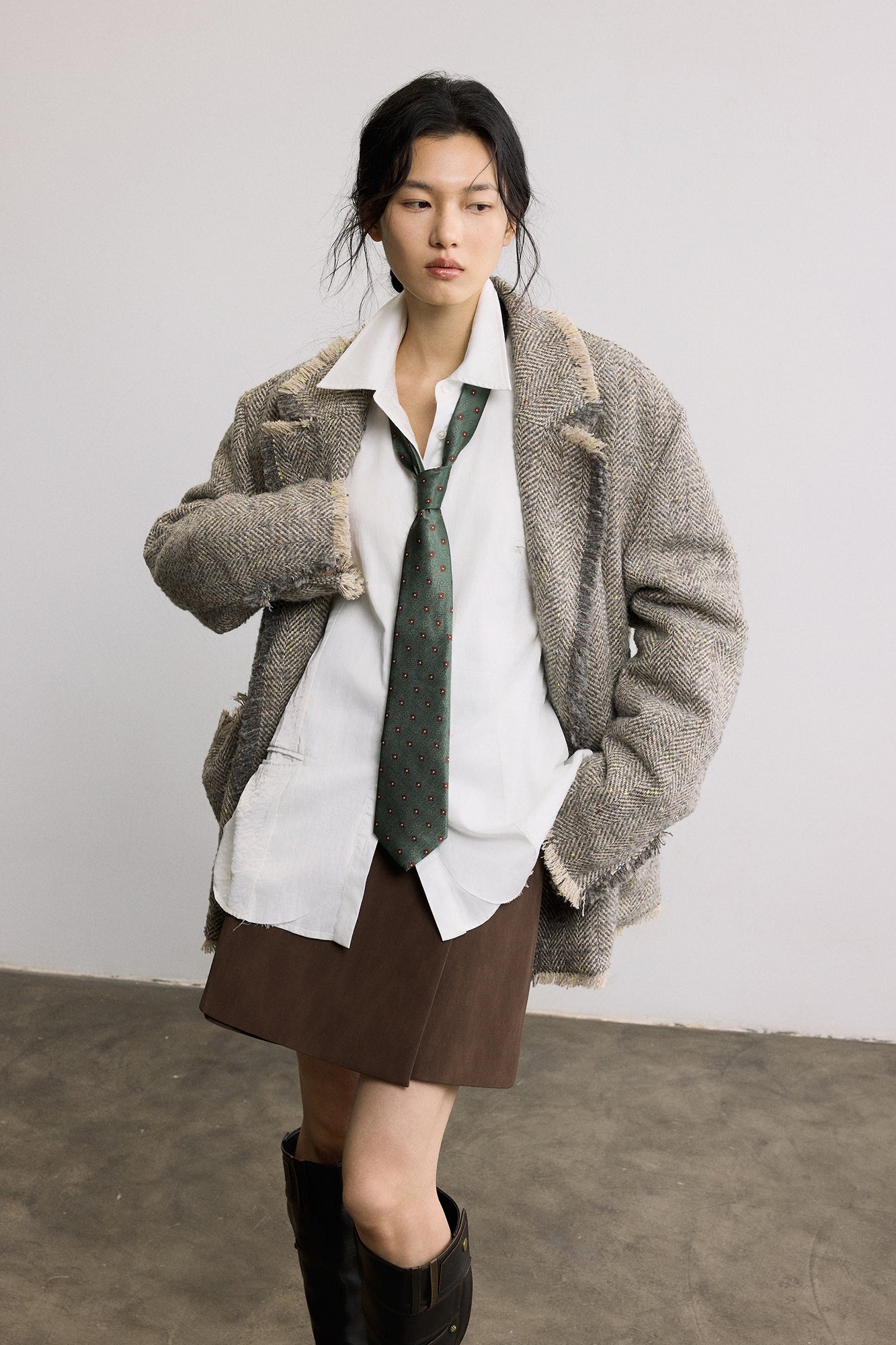 SAME FLOW Frayed Herringbone Insulated Wool-Blend Blazer