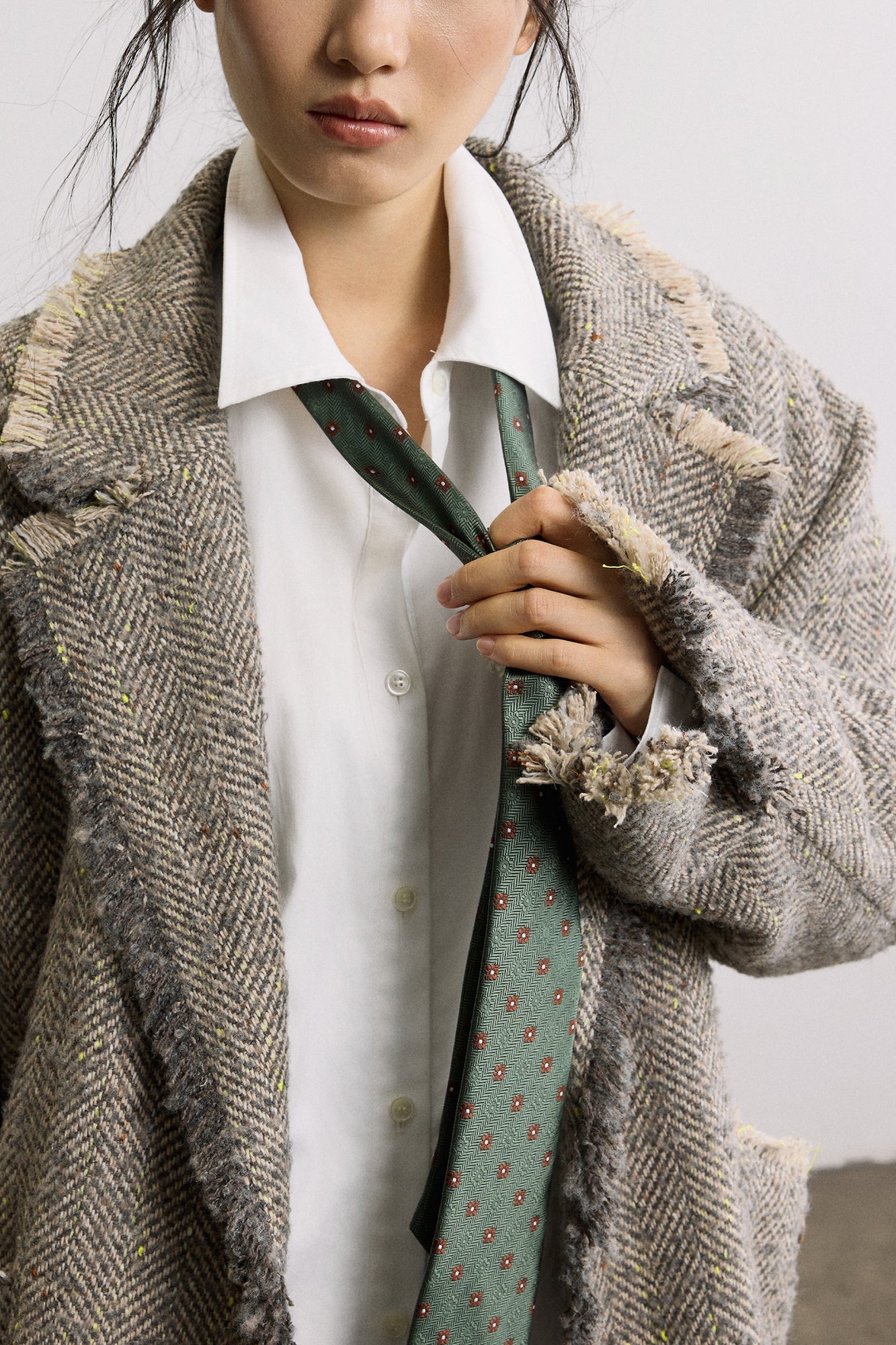 SAME FLOW Frayed Herringbone Insulated Wool-Blend Blazer