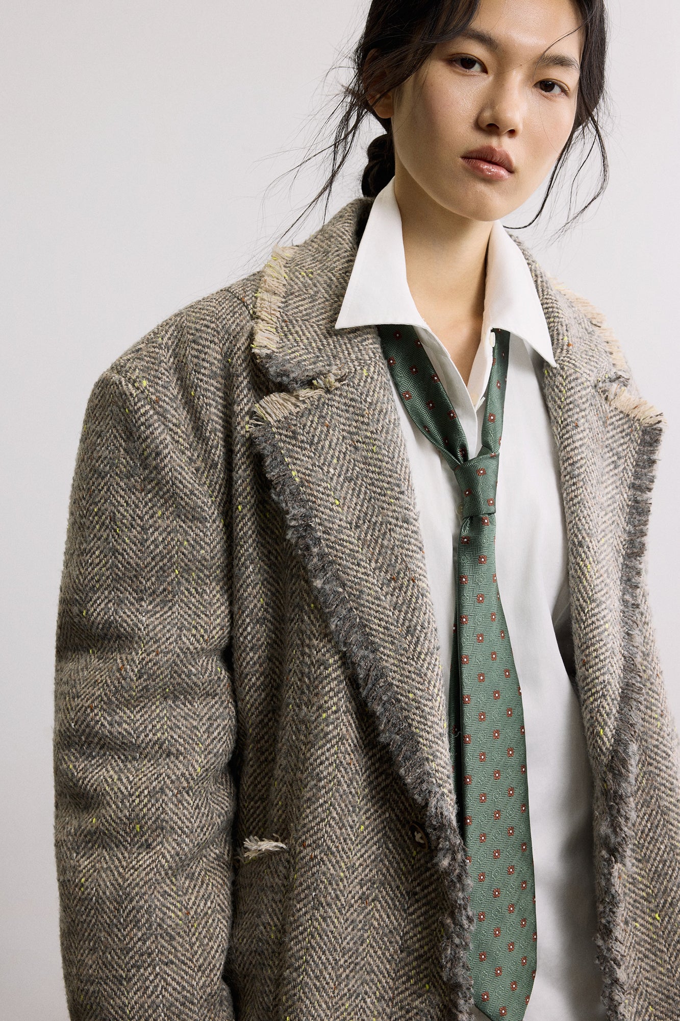 SAME FLOW Frayed Herringbone Insulated Wool-Blend Blazer