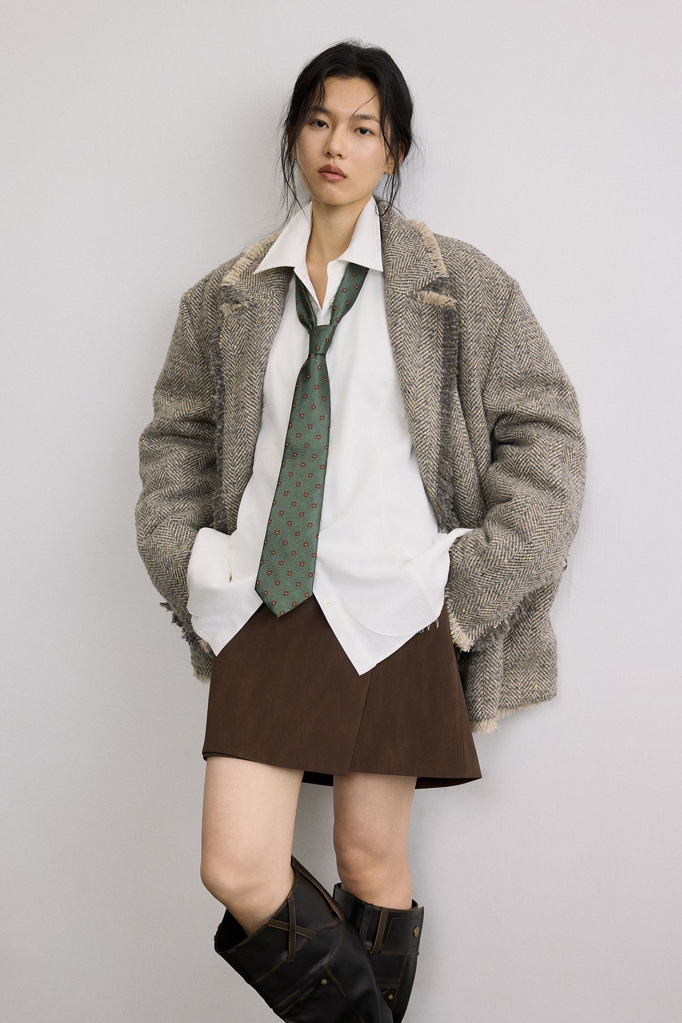 SAME FLOW Frayed Herringbone Insulated Wool-Blend Blazer