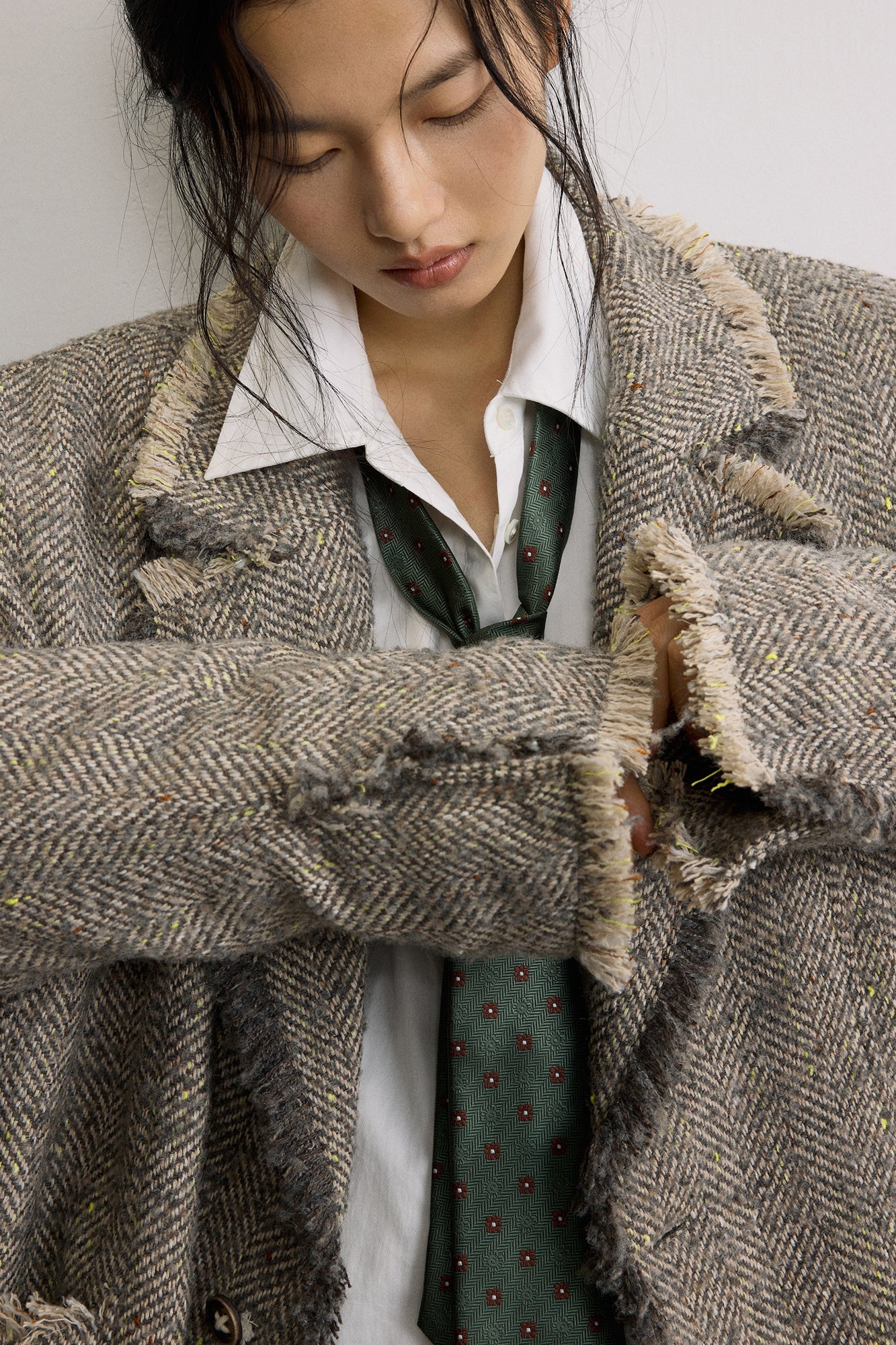 SAME FLOW Frayed Herringbone Insulated Wool-Blend Blazer