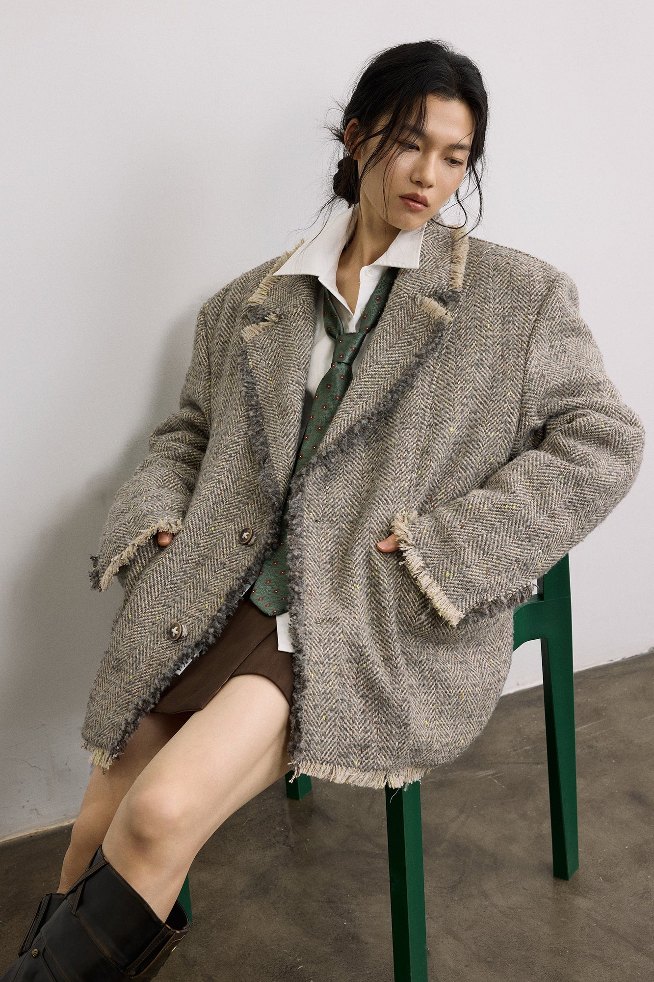 SAME FLOW Frayed Herringbone Insulated Wool-Blend Blazer