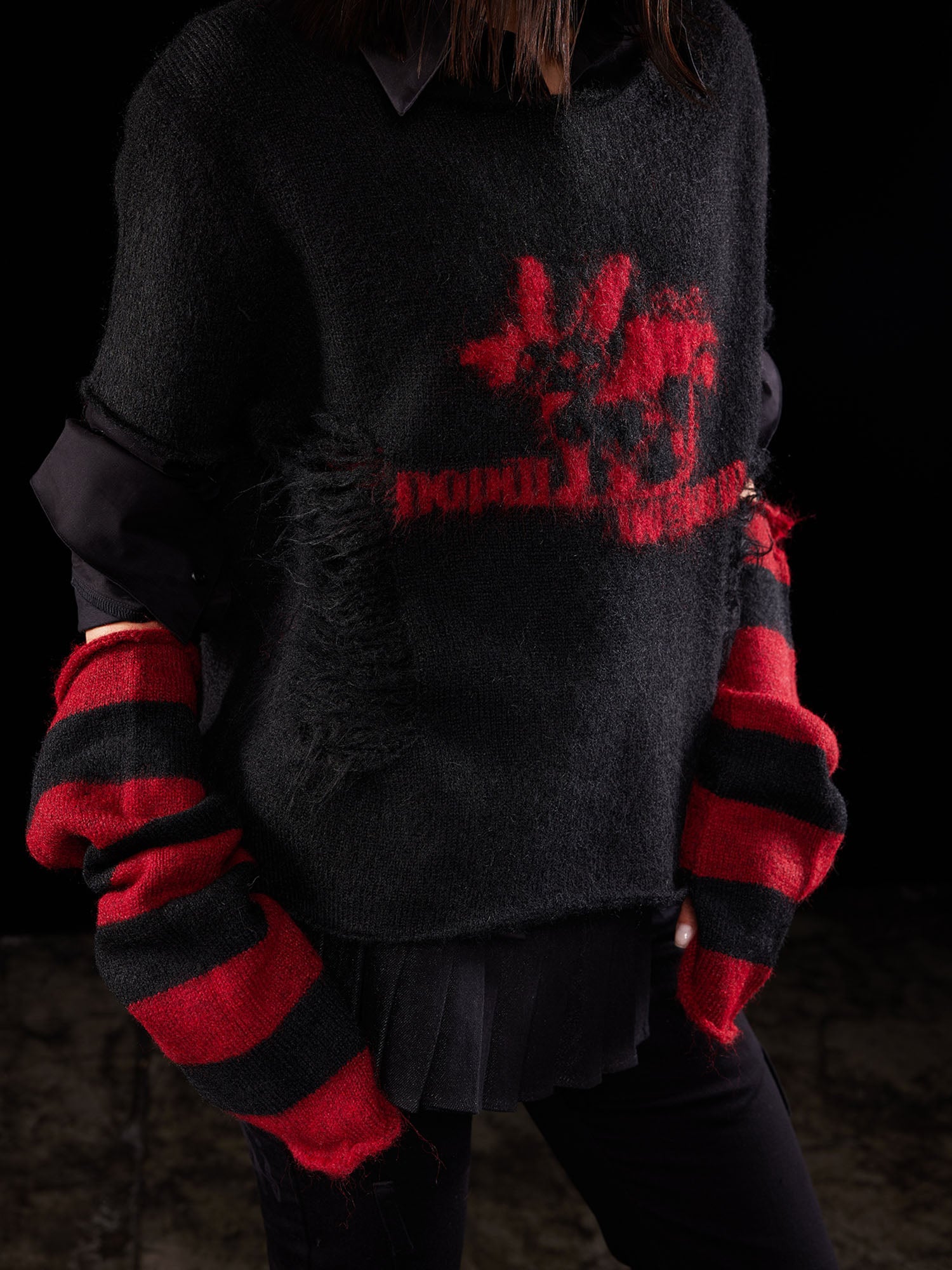 EMOHA Detachable Striped Sleeve Bunny Jacquard Sweater