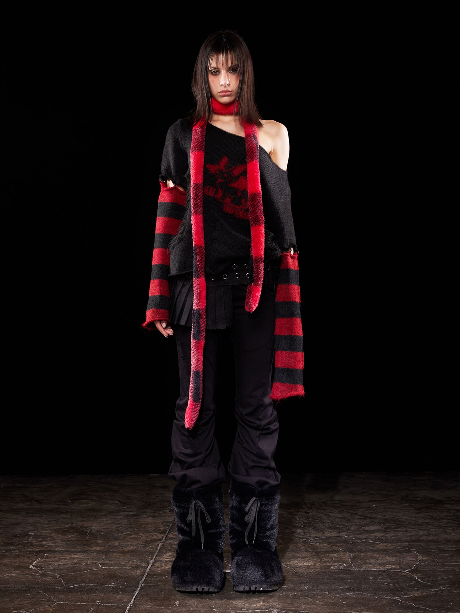 EMOHA Detachable Striped Sleeve Bunny Jacquard Sweater