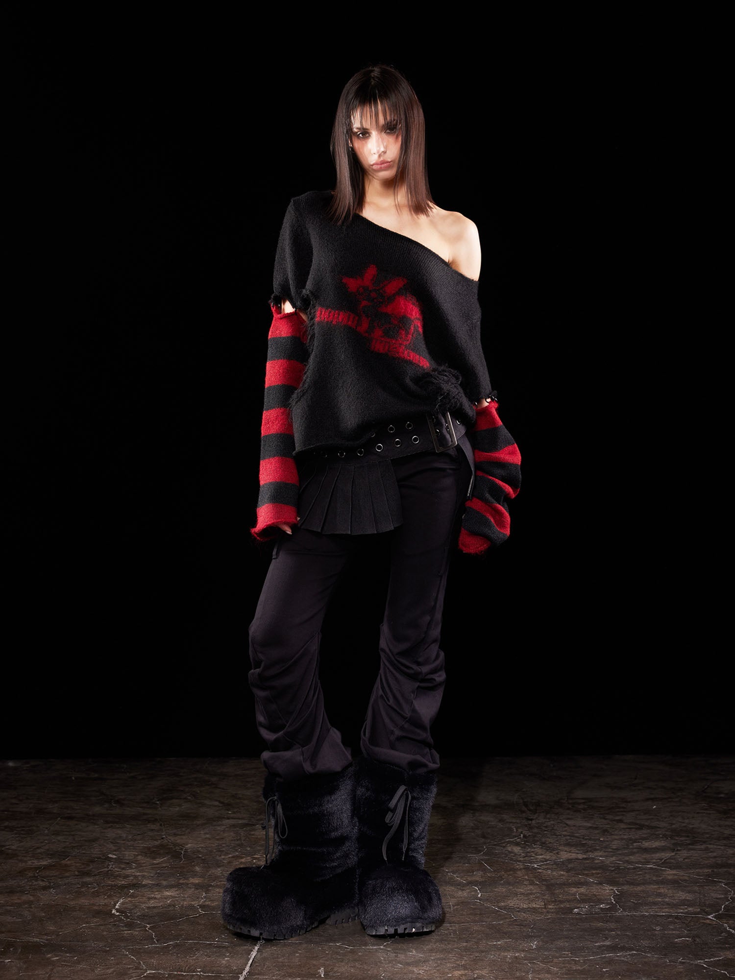 EMOHA Detachable Striped Sleeve Bunny Jacquard Sweater