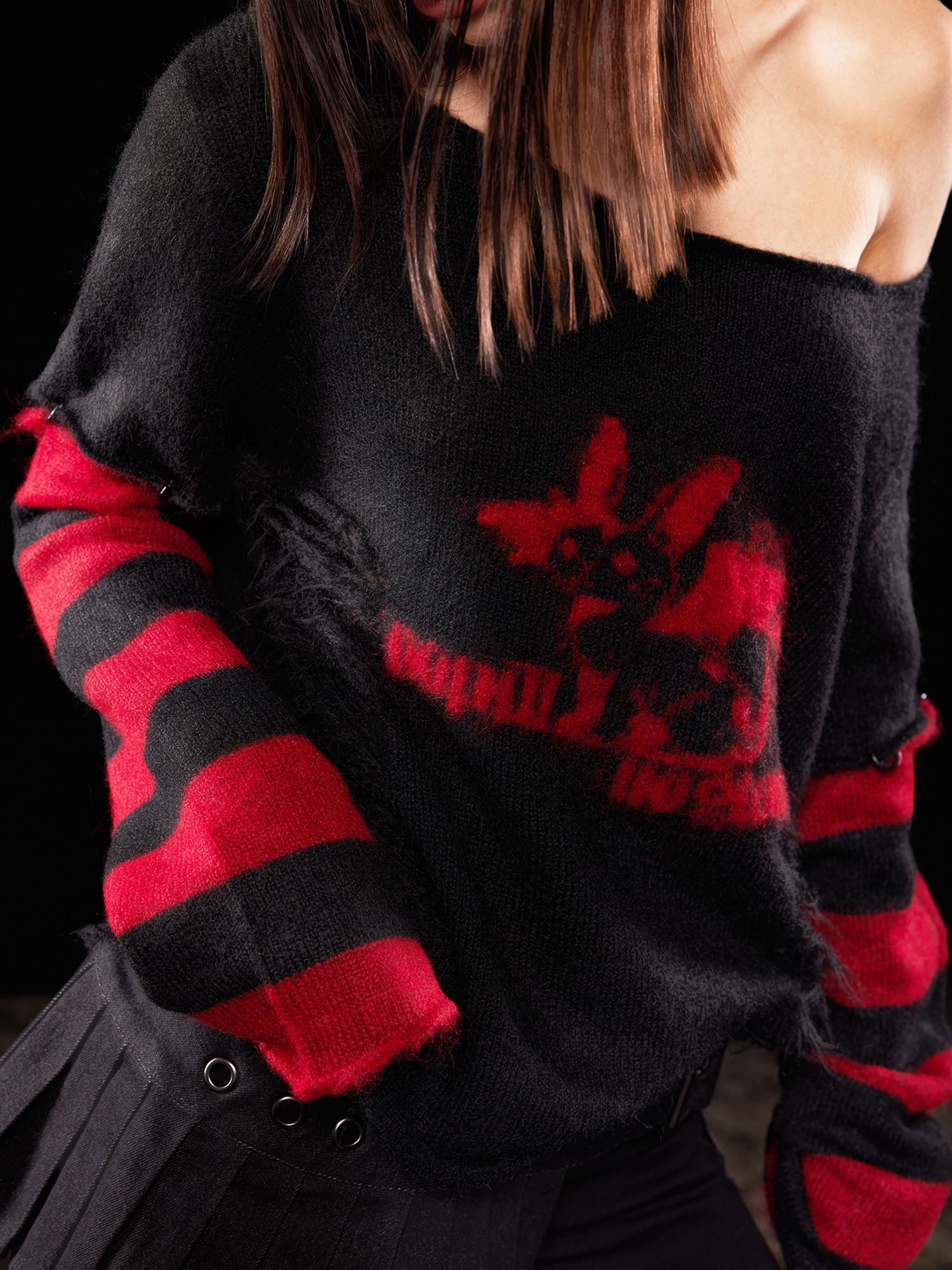 EMOHA Detachable Striped Sleeve Bunny Jacquard Sweater