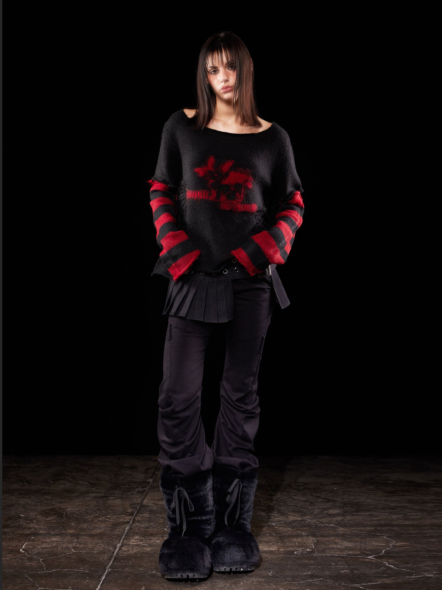 EMOHA Detachable Striped Sleeve Bunny Jacquard Sweater