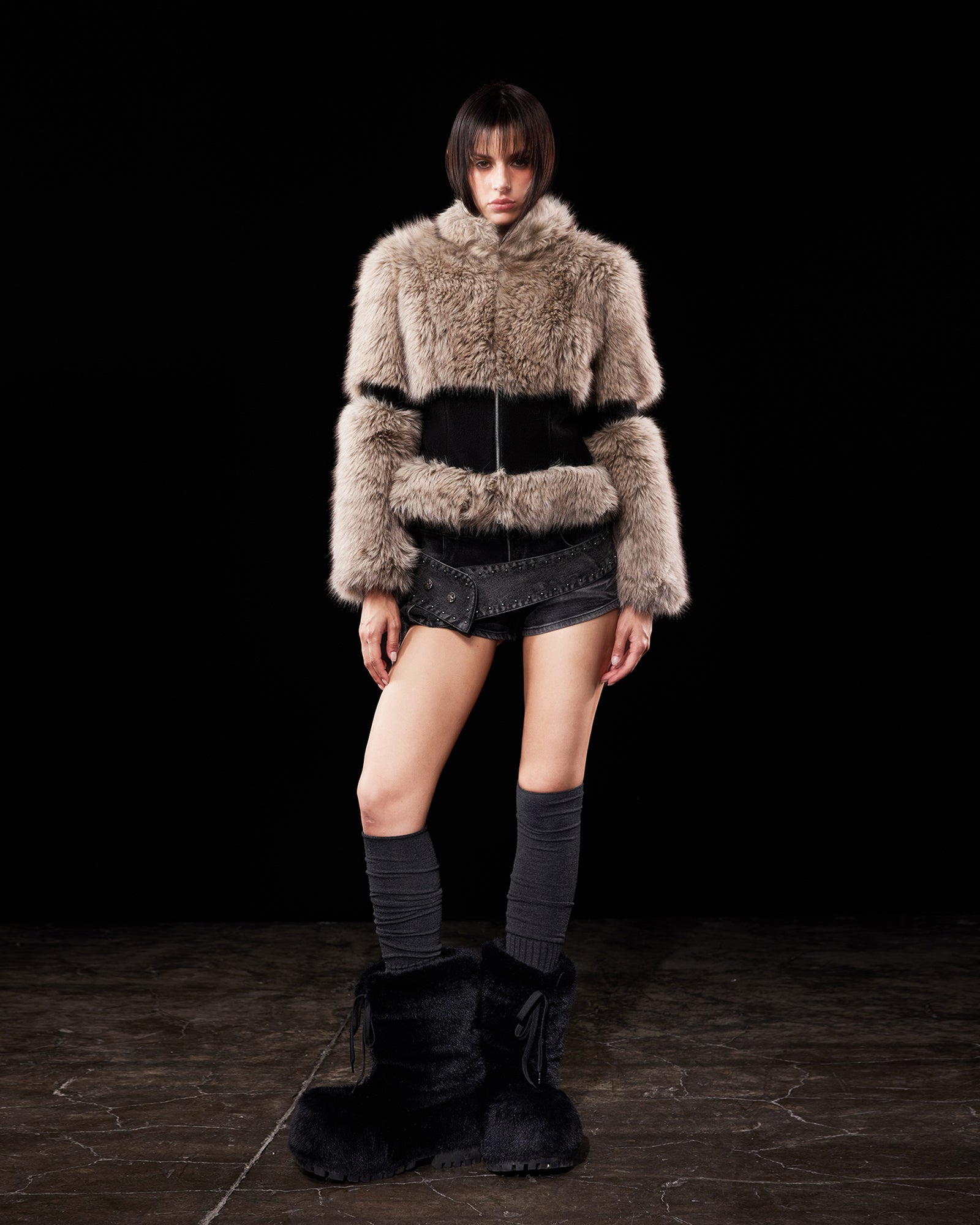 EMOHA Faux Fur Spliced Waist Cropped Jacket