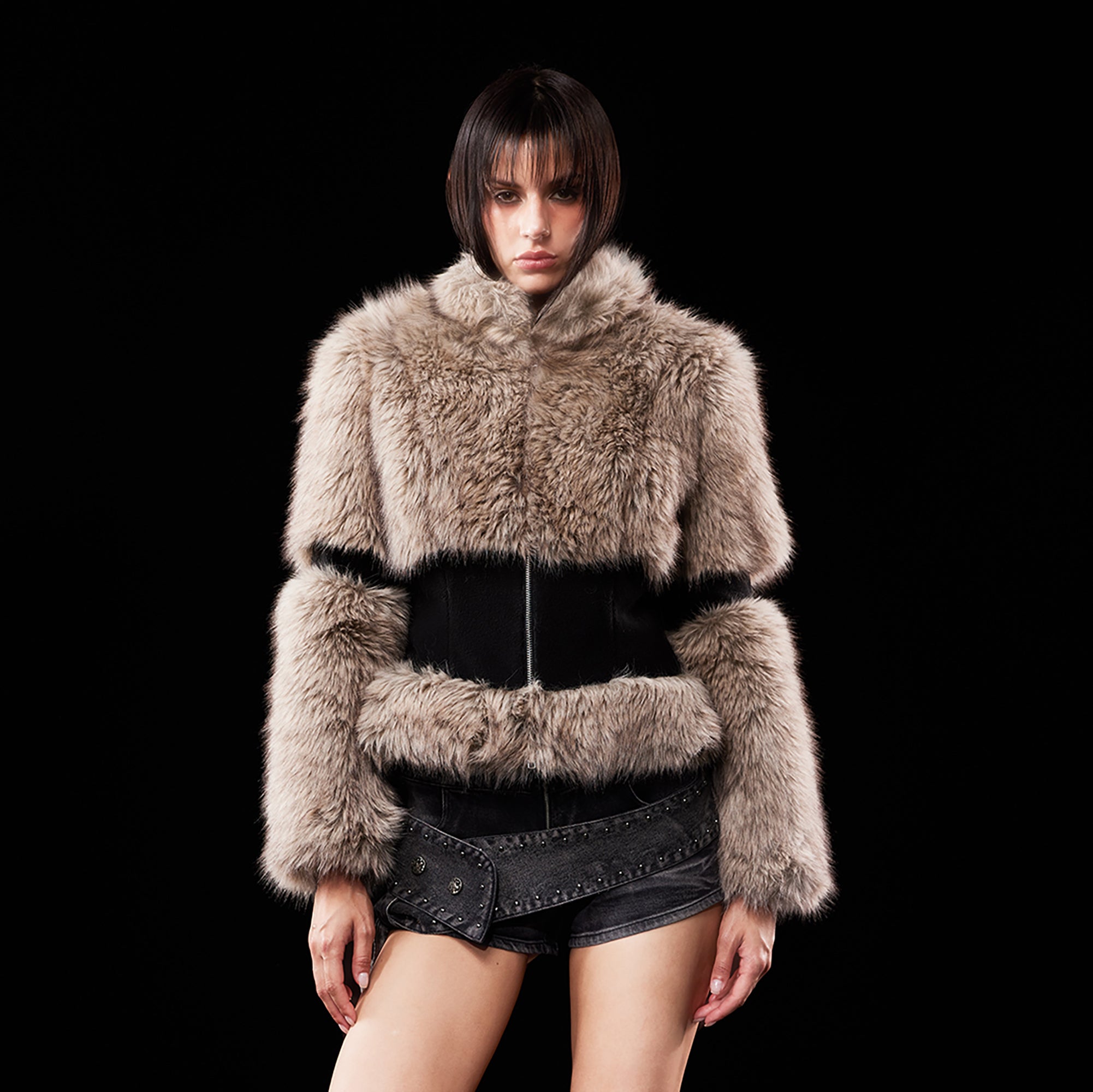 EMOHA Faux Fur Spliced Waist Cropped Jacket