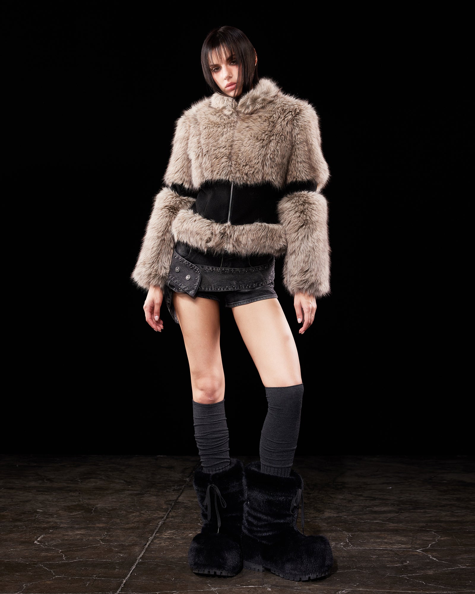 EMOHA Faux Fur Spliced Waist Cropped Jacket