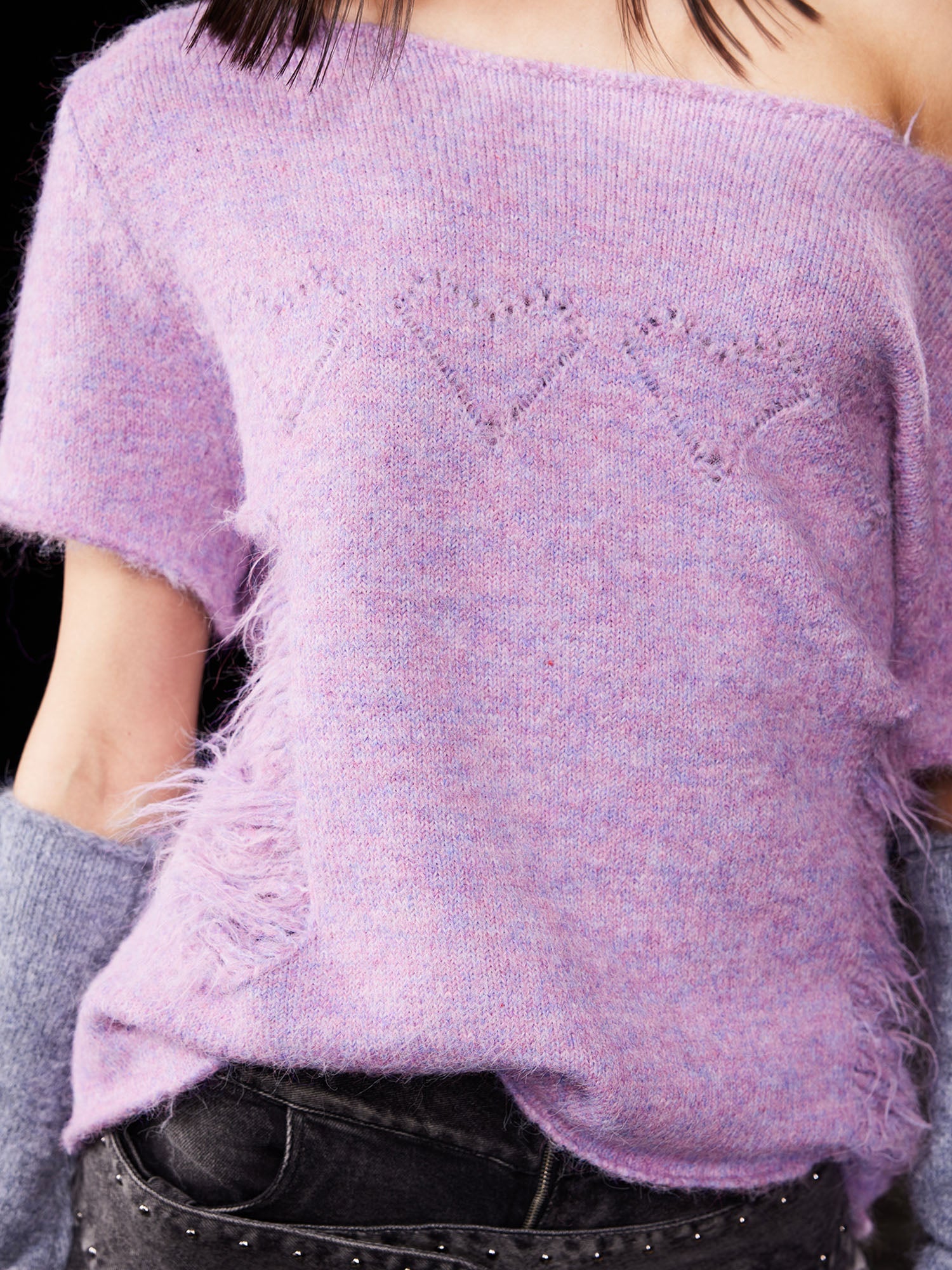 EMOHA Fuzzy Distressed Raw Edge Knit Top