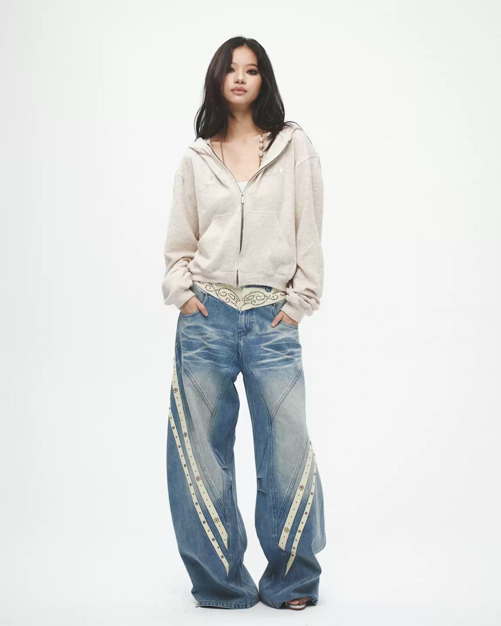 FAYCHUI Diamond Washed Curved Panel Wide-Leg Jeans