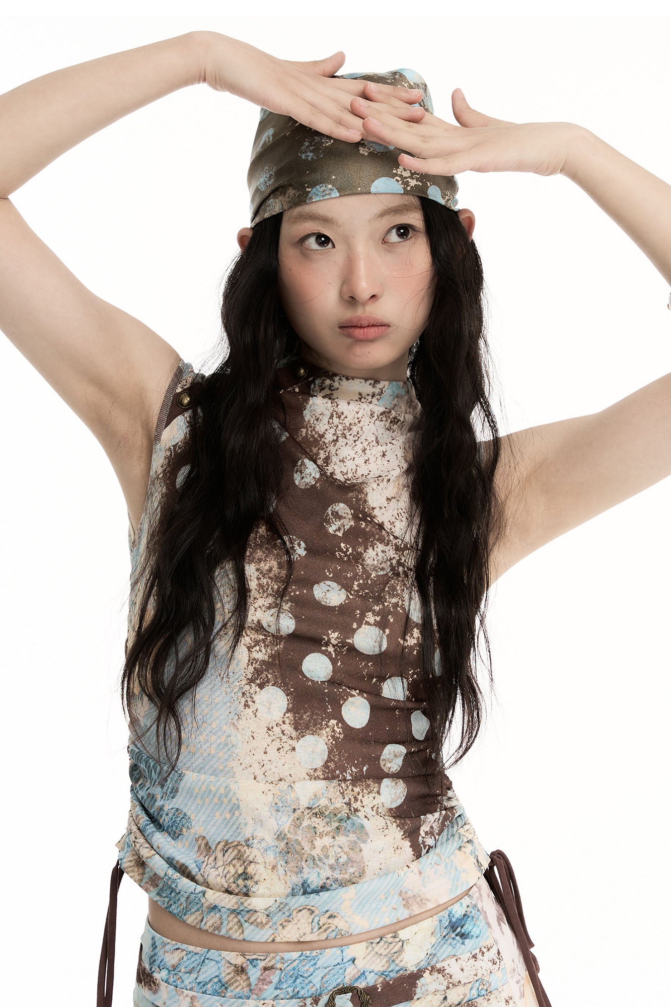 CONFUN Contrast Spliced Floral Drawstring Sleeveless Tee