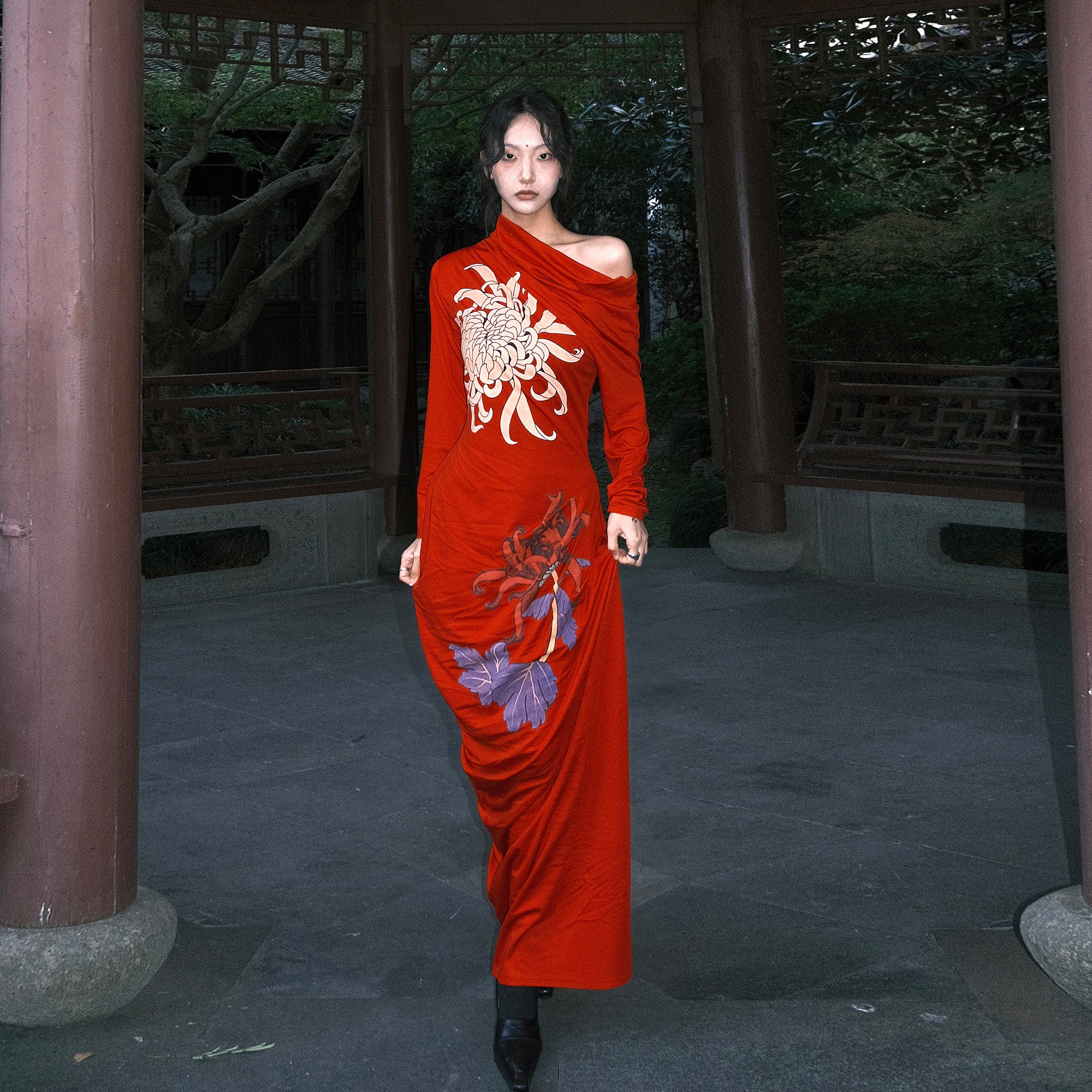 WHYNOTDANCE Asymmetrical Off-Shoulder Floral Maxi Dress