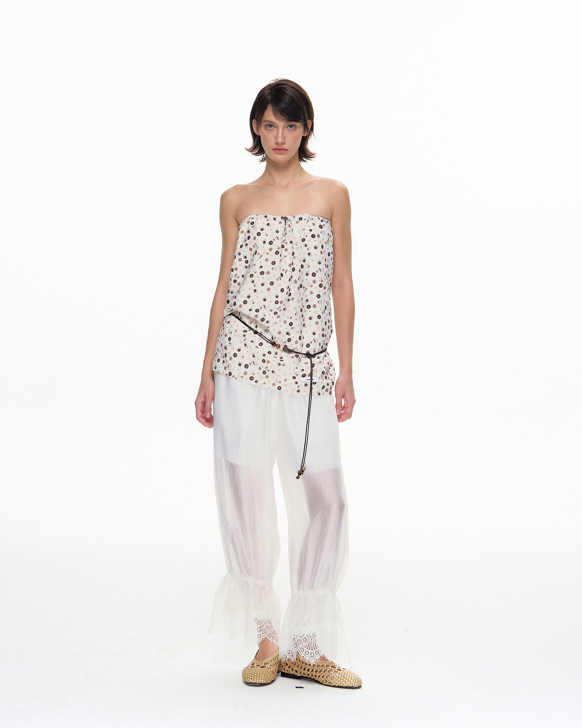 10AMSOTIIIIIIRED Crinkled Sheen Lace Trim Lantern Pants