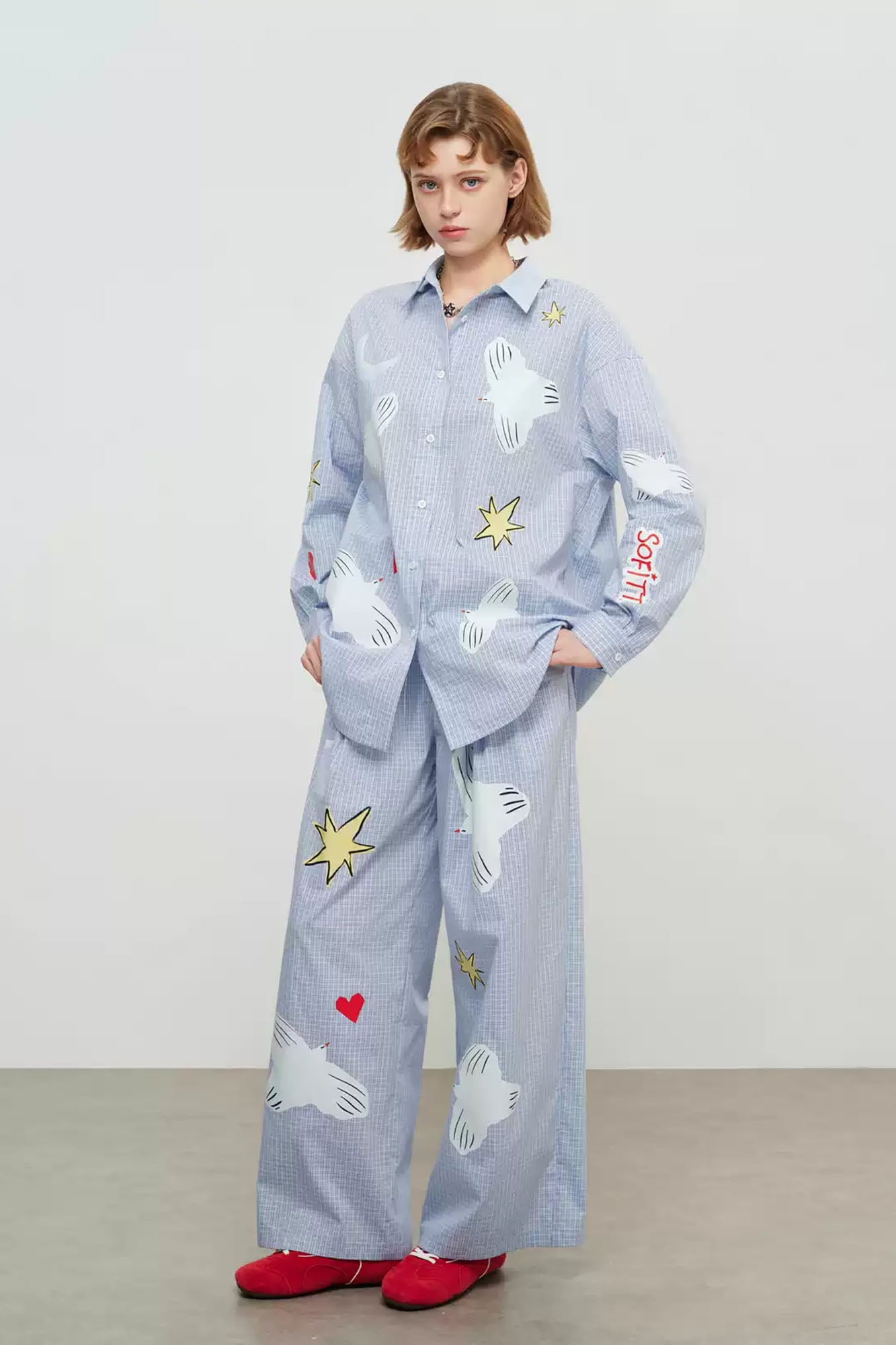 SOFITTE Checked Dove Graphic Wide-Leg Pants
