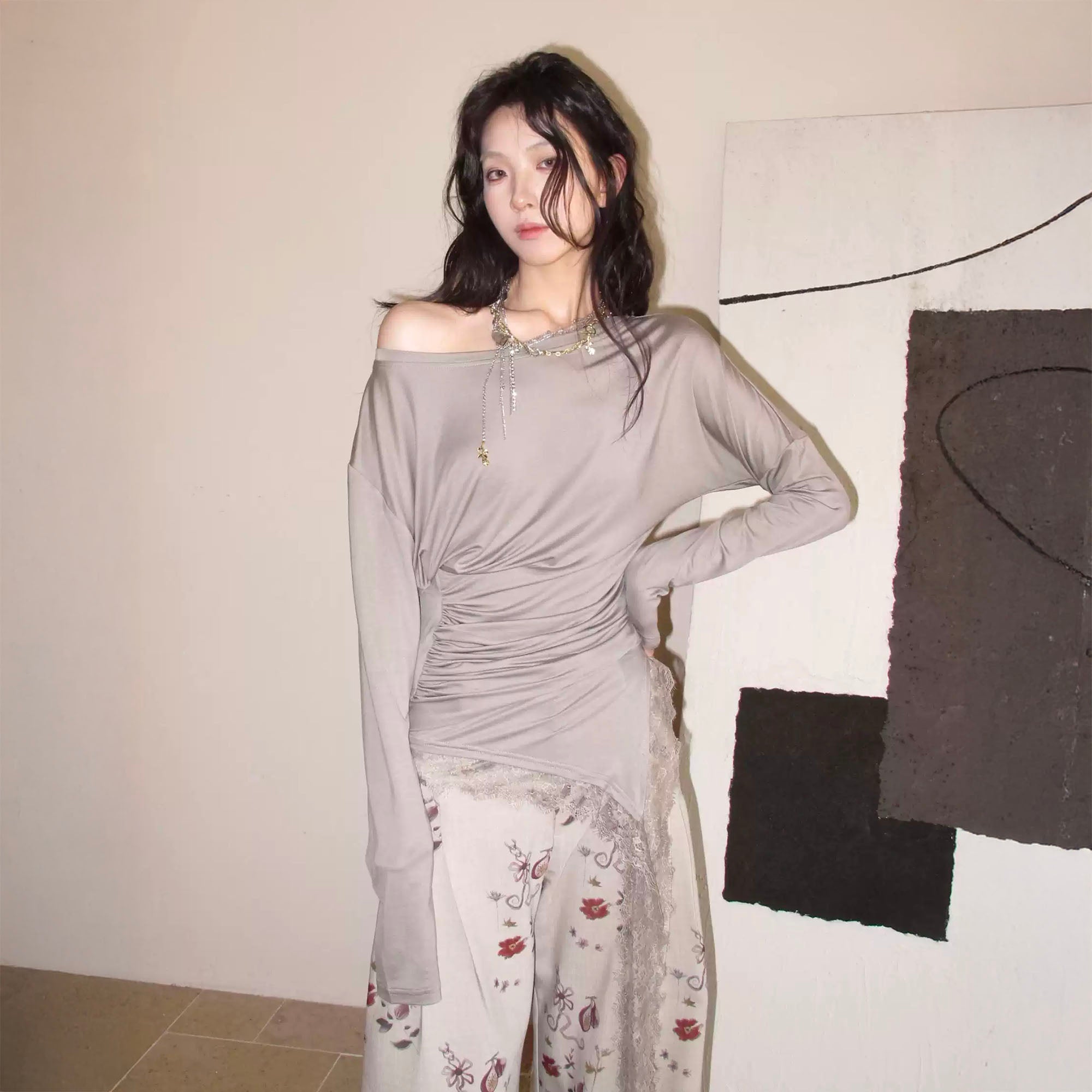 WHYNOTDANCE Asymmetric Ruched Lace-Trim Long-Sleeve Tee