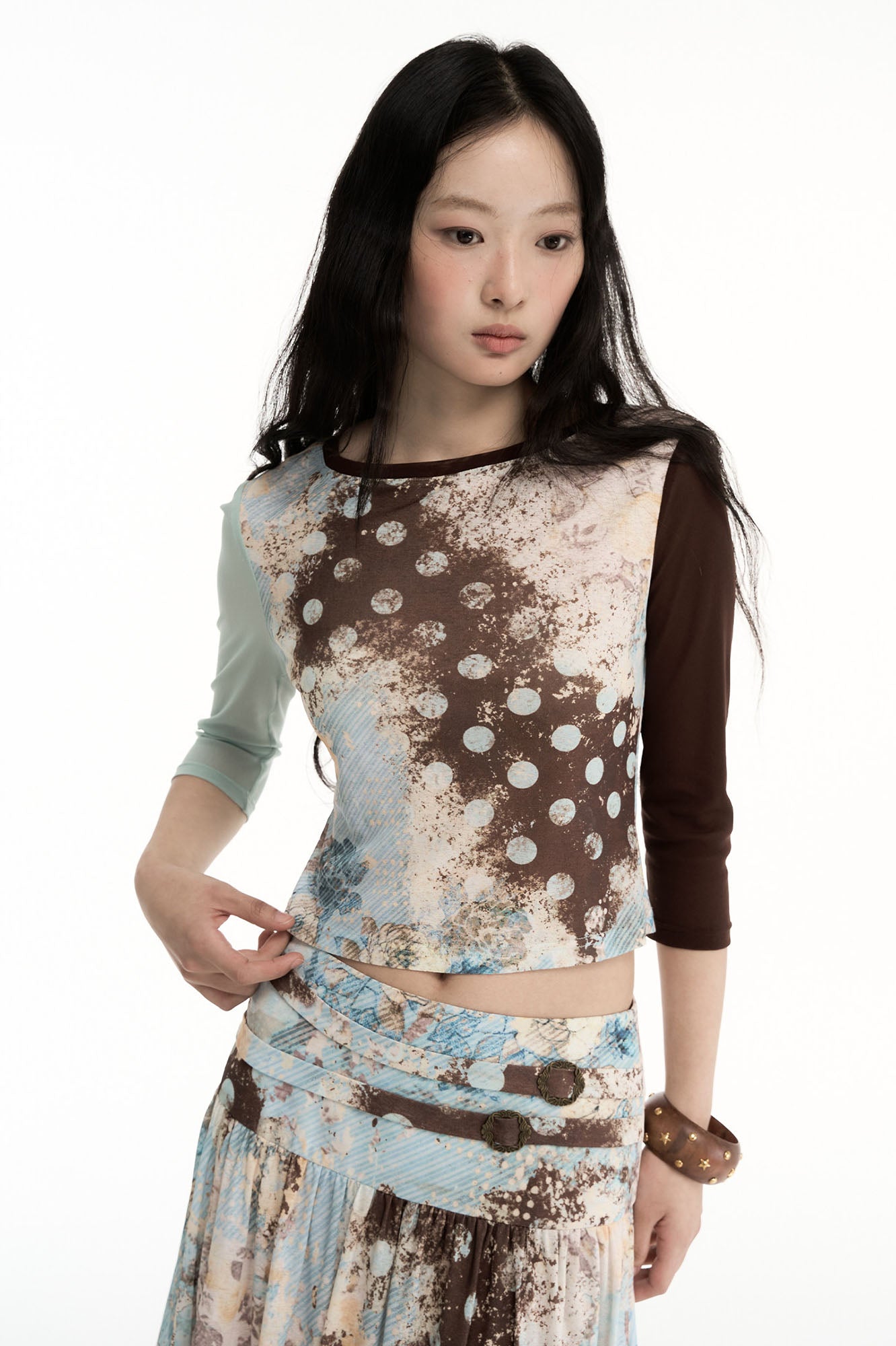 CONFUN Contrast Spliced Floral Long-Sleeve Tee