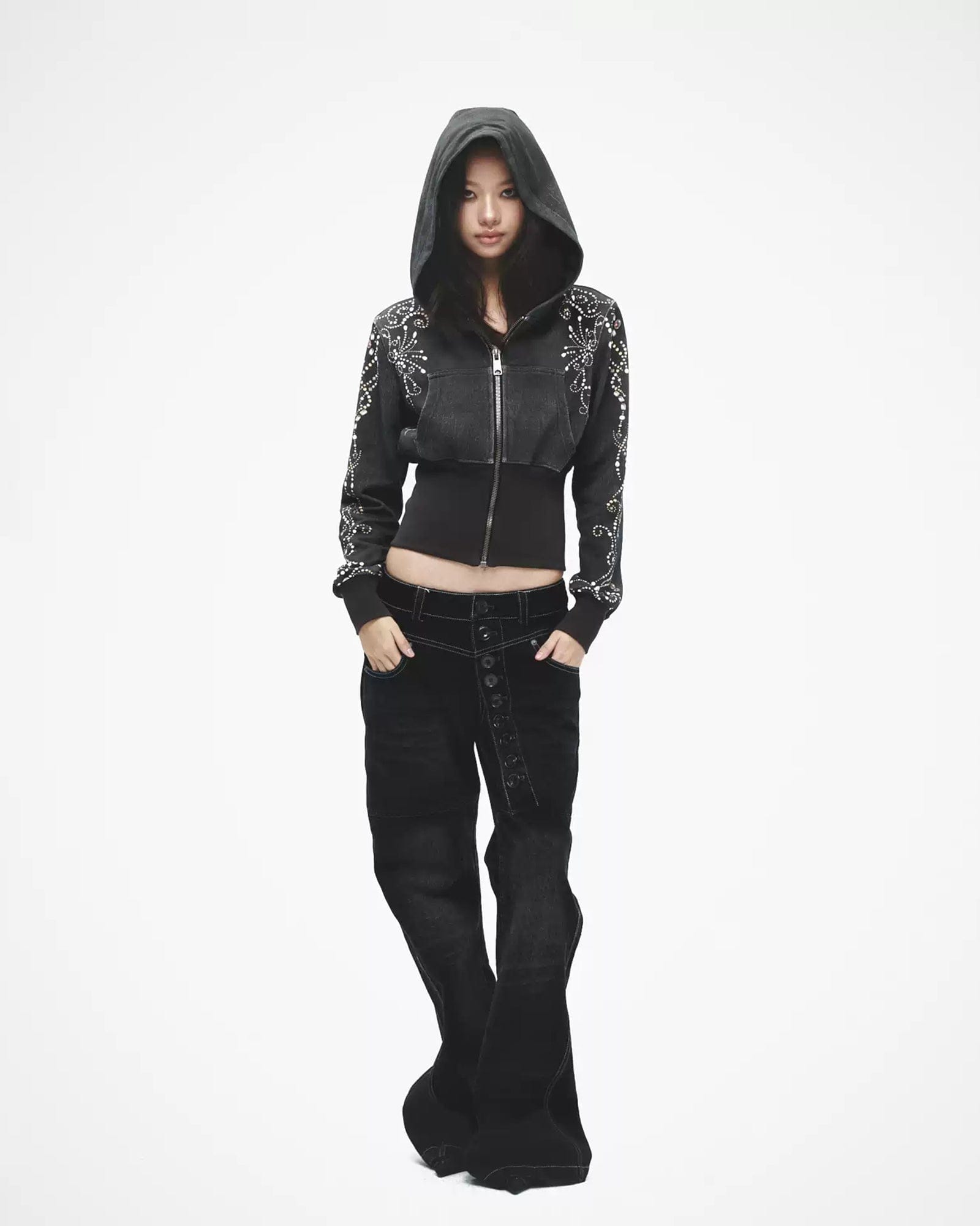 FAYCHUI Spiral Gem Studded Cropped Zip-Up Hoodie