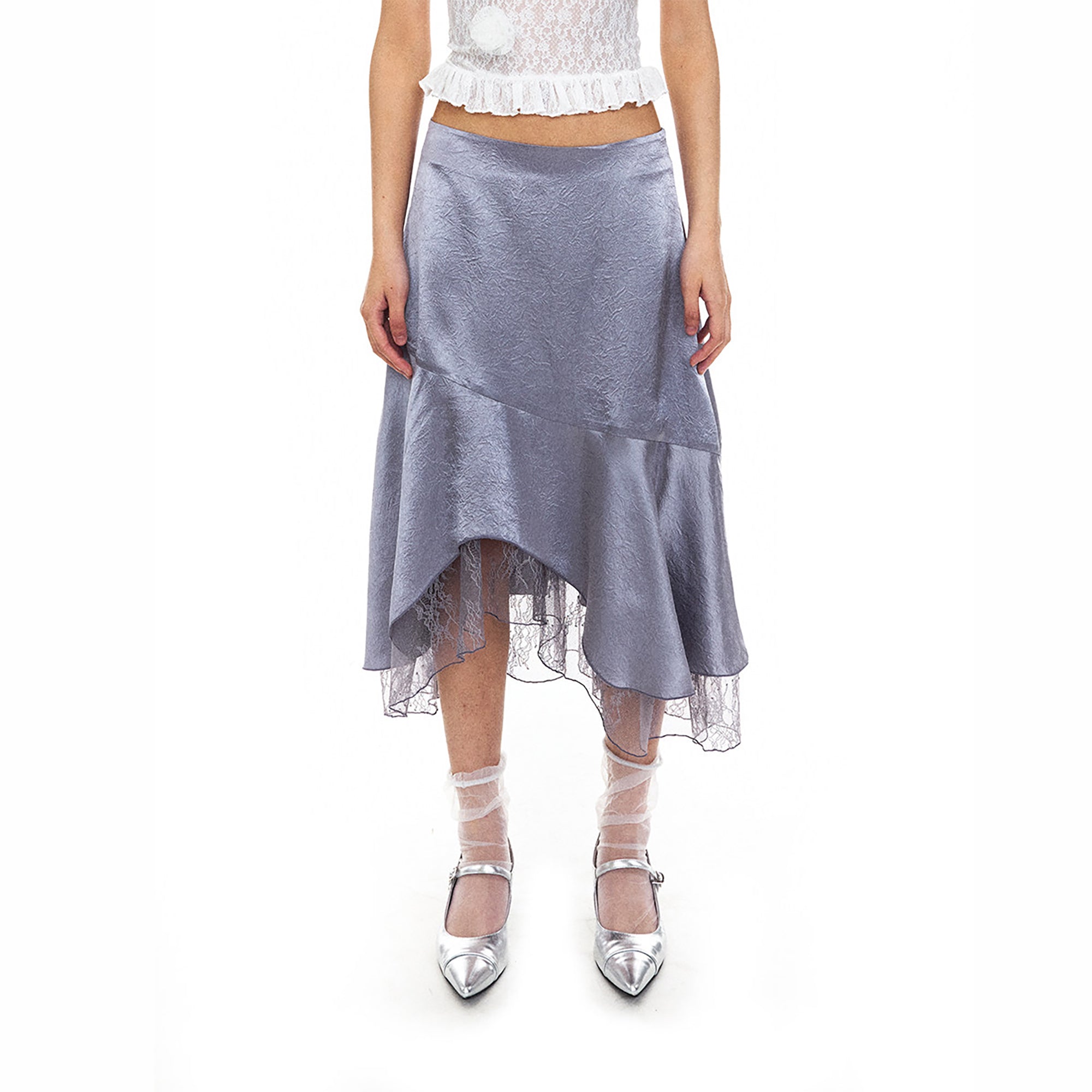 NEVERSEEZ Satin Acetate Lace-Panel Midi Skirt