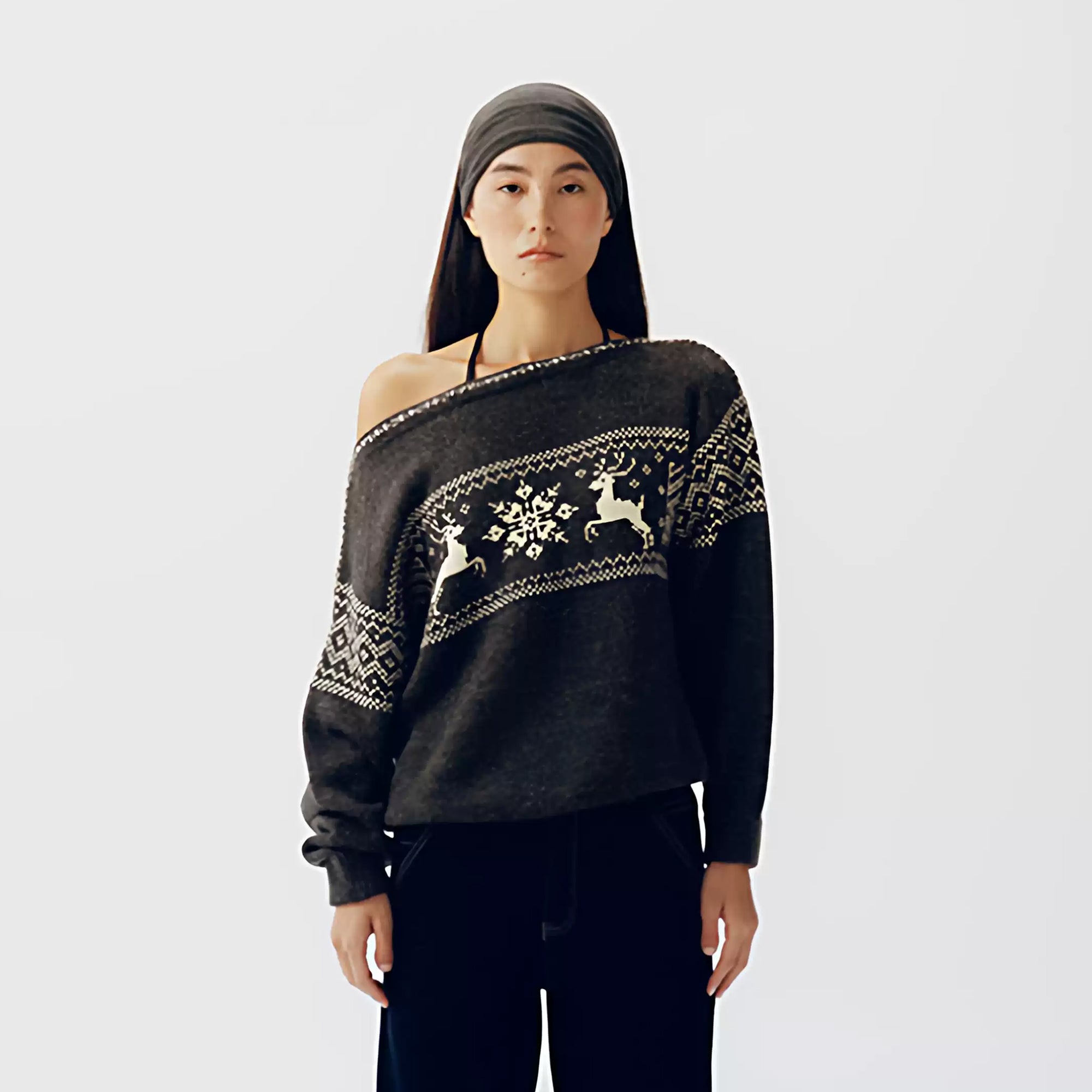 PCLA Fair Isle Reindeer Off-Shoulder Sweater