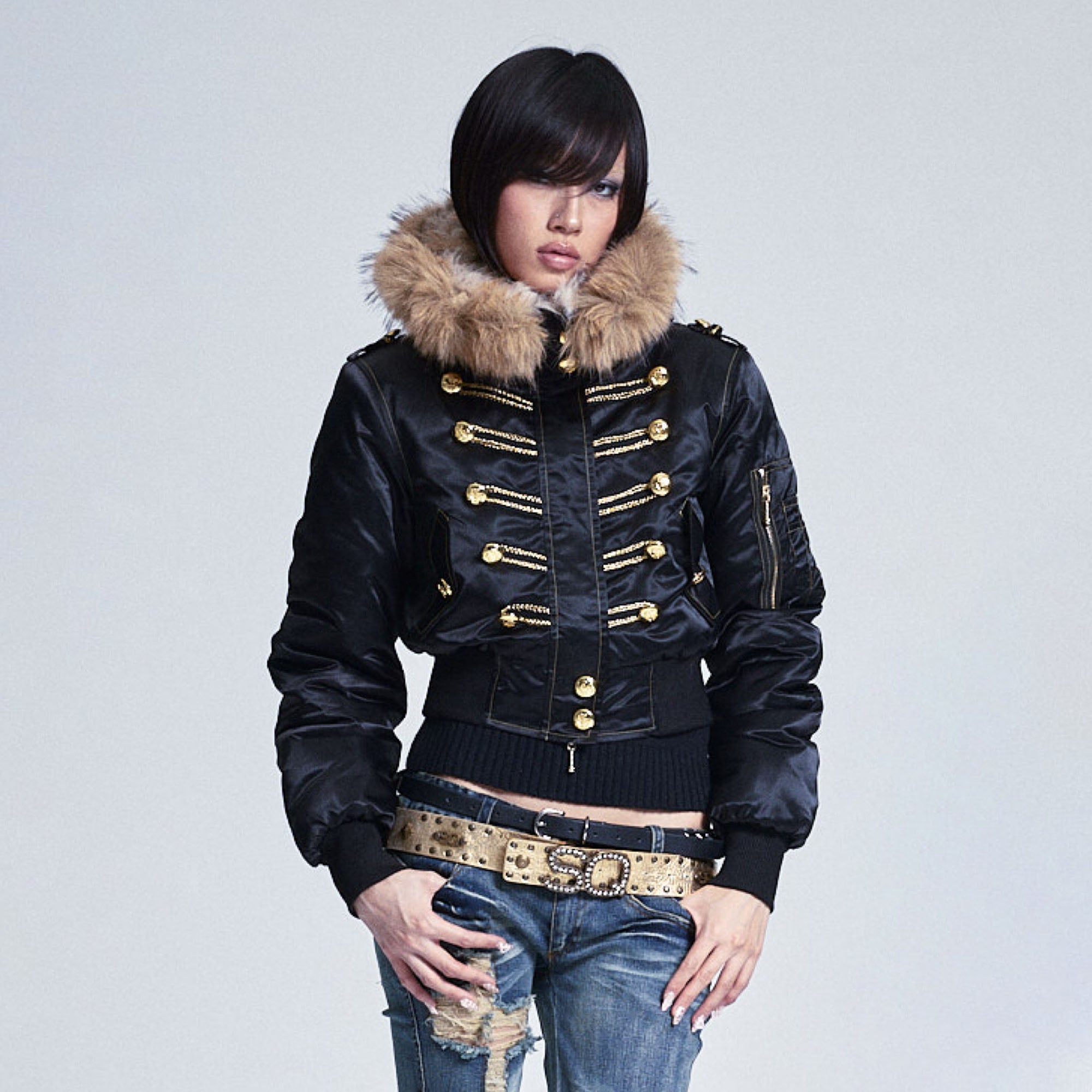 NONAME SPACE Retro Gold-Button Fur-Trim Bomber Jacket