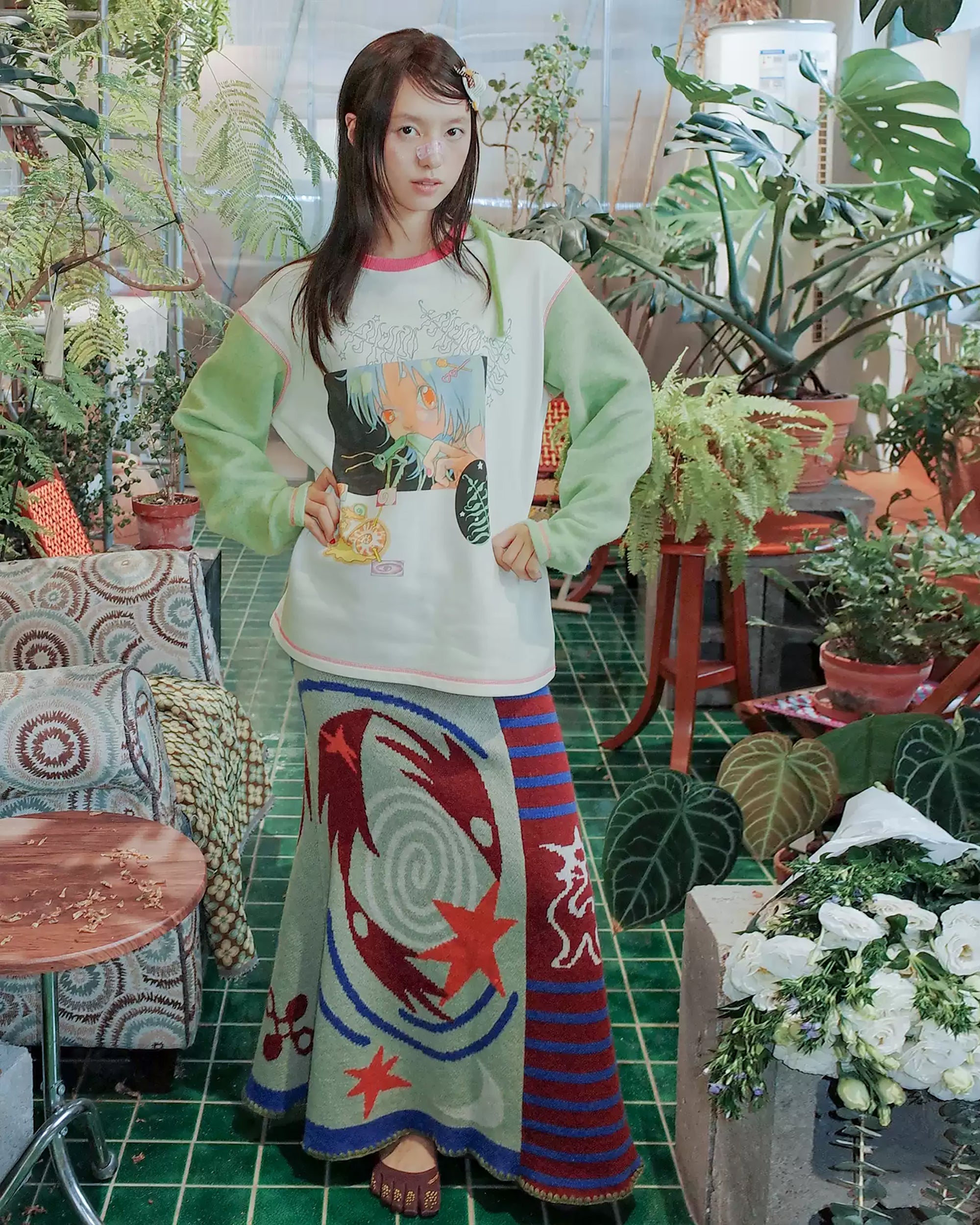 UNSOCIAL NIGHT Swirl Bird Knit Wool-Blend Midi Skirt