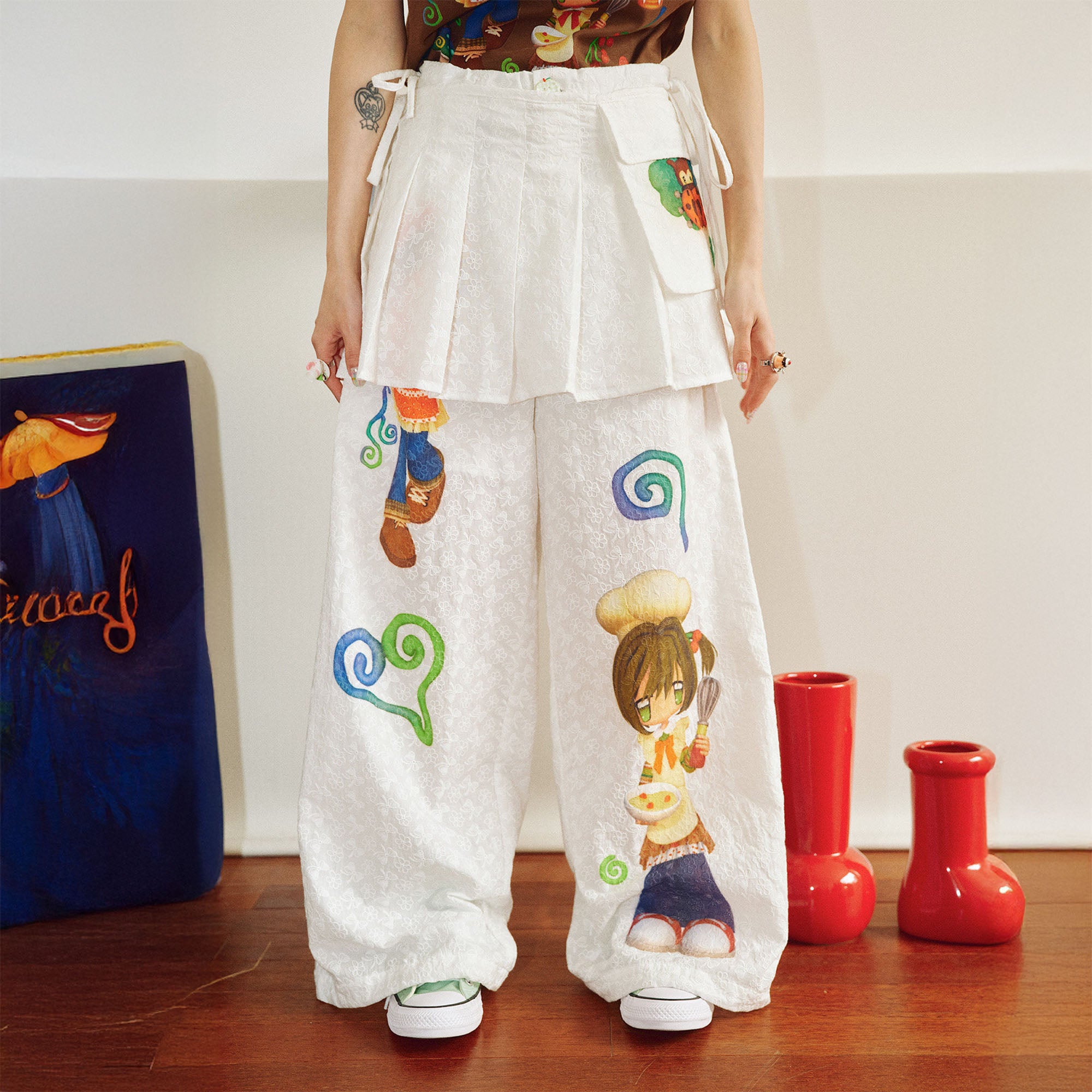 HAVE A MEAL x Caramel Cartoon Graphics Detachable Skirt Pants