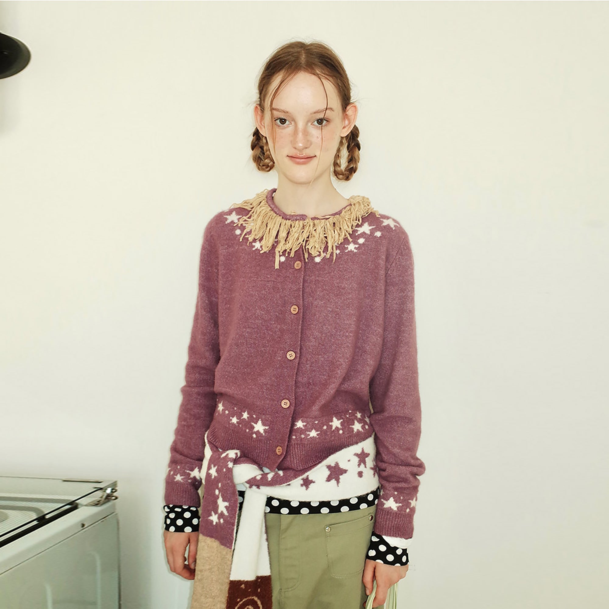 UNSOCIAL NIGHT Fringed Collar Star Jacquard Knit Cardigan