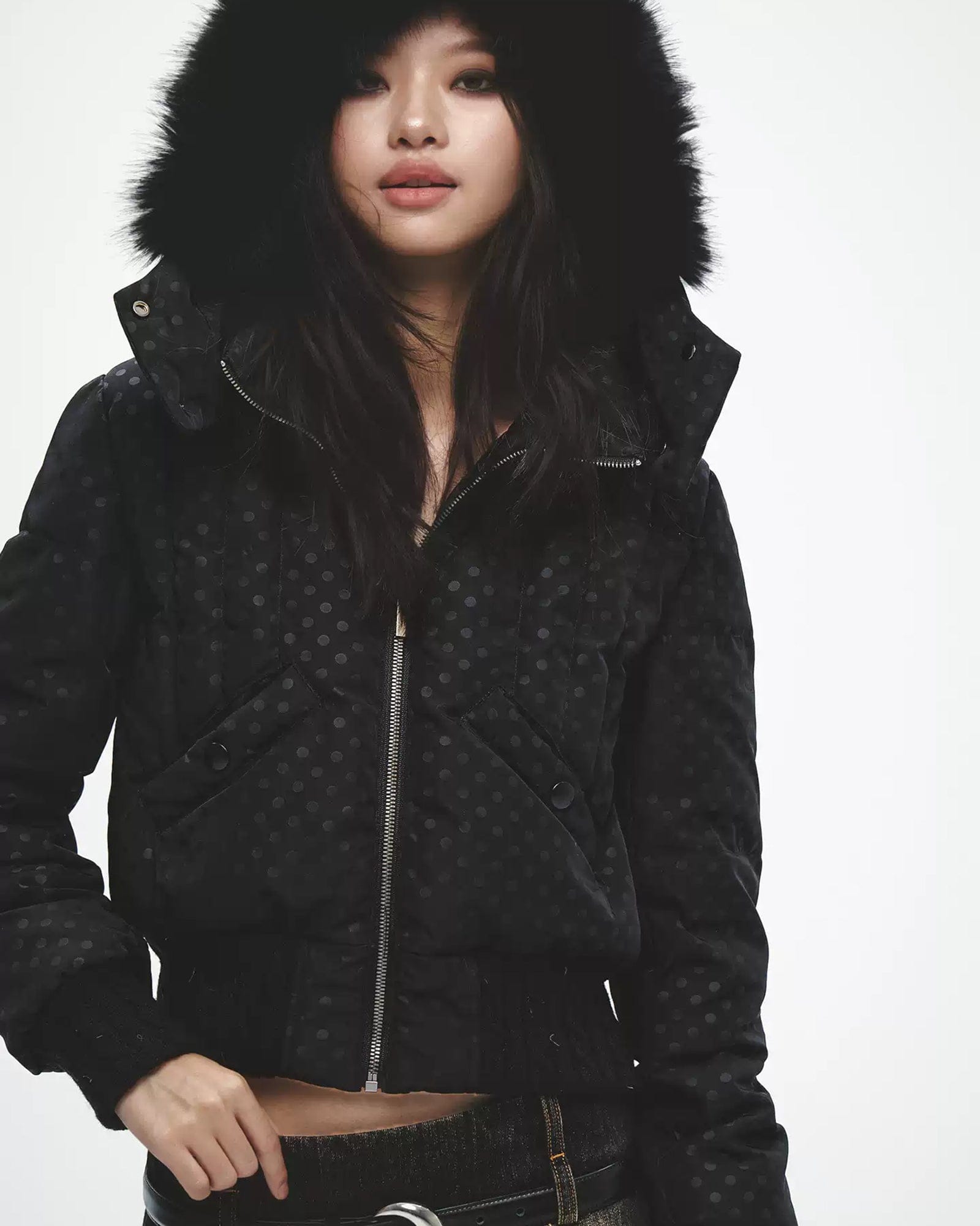 FAYCHUI Fur-Lined Hooded Polka Dot Duck Down Jacket