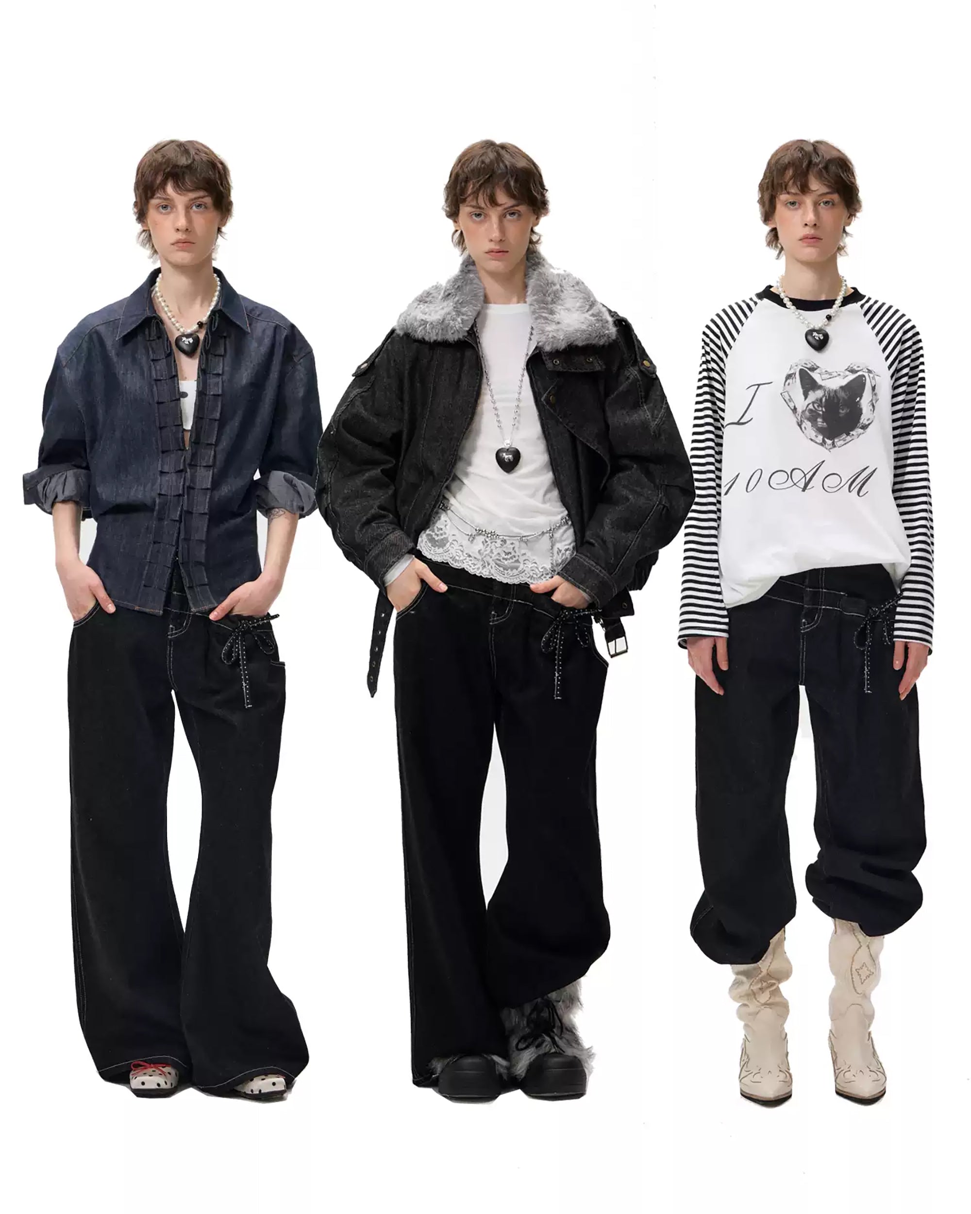 10AMSOTIIIIIIRED Modern Polka-Dot Waist Wide-Leg Jeans