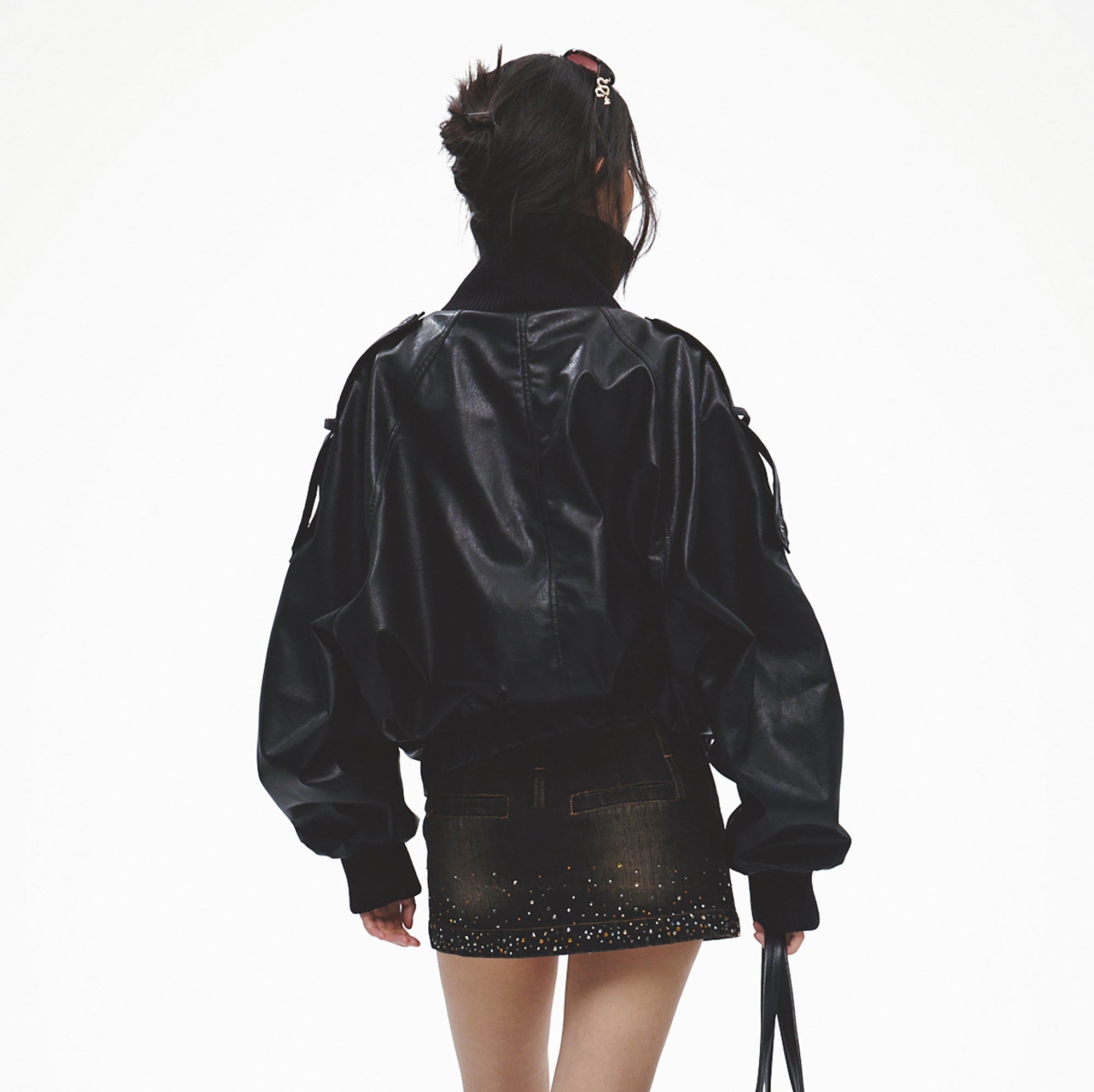 FAYCHUI Double-Breasted Faux Leather Jacket