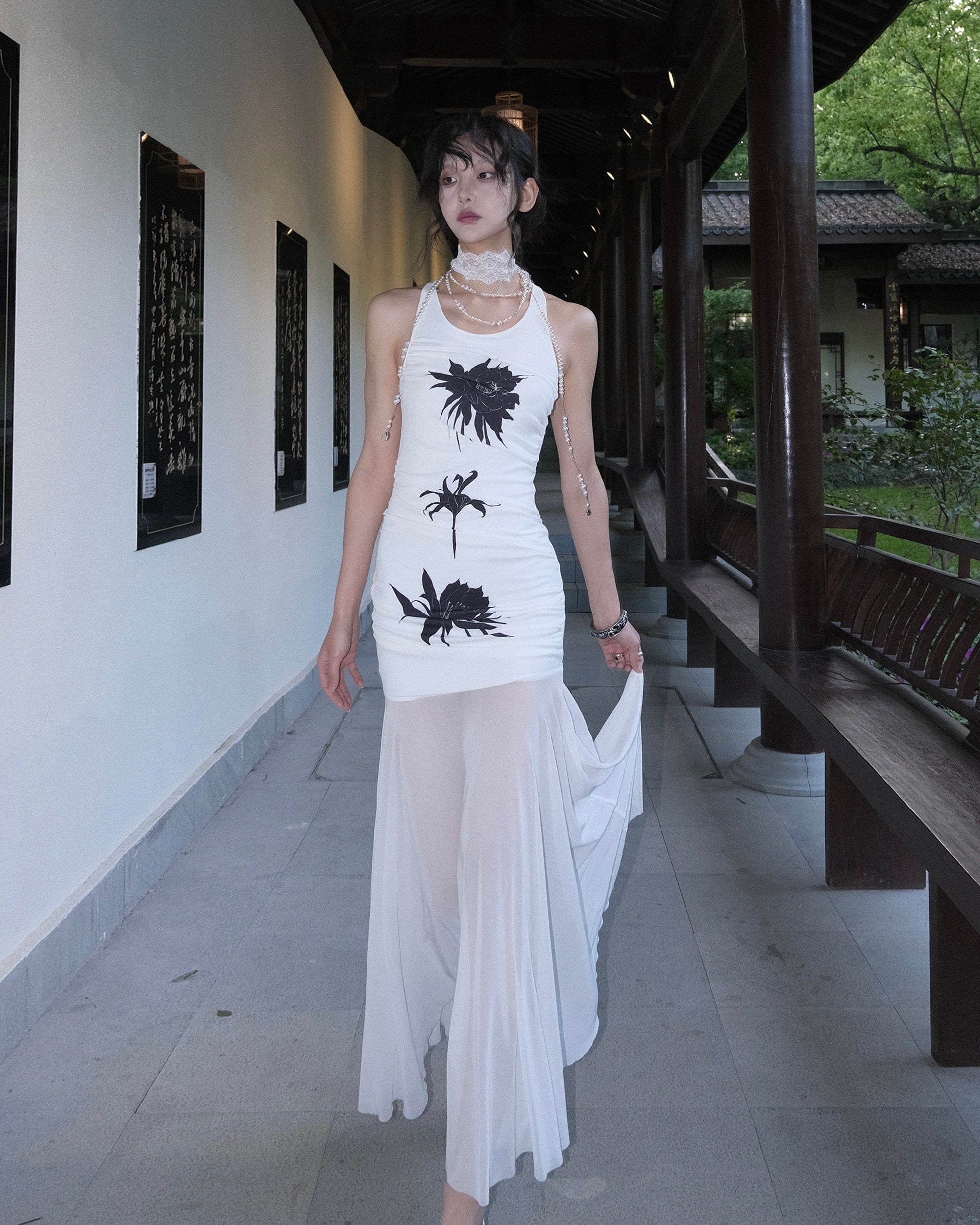 WHYNOTDANCE Zen Ruched Knit Mesh Maxi Dress