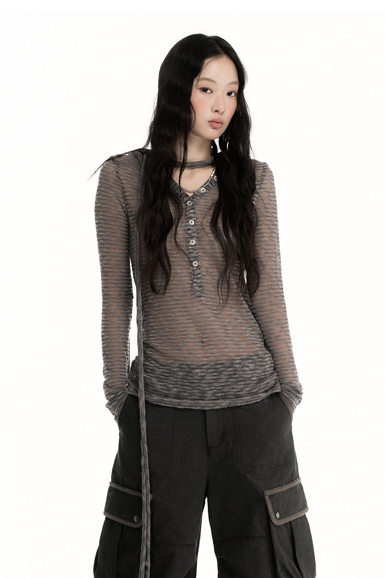 CONFUN Sheer Striped Long-Sleeve Polo Tee