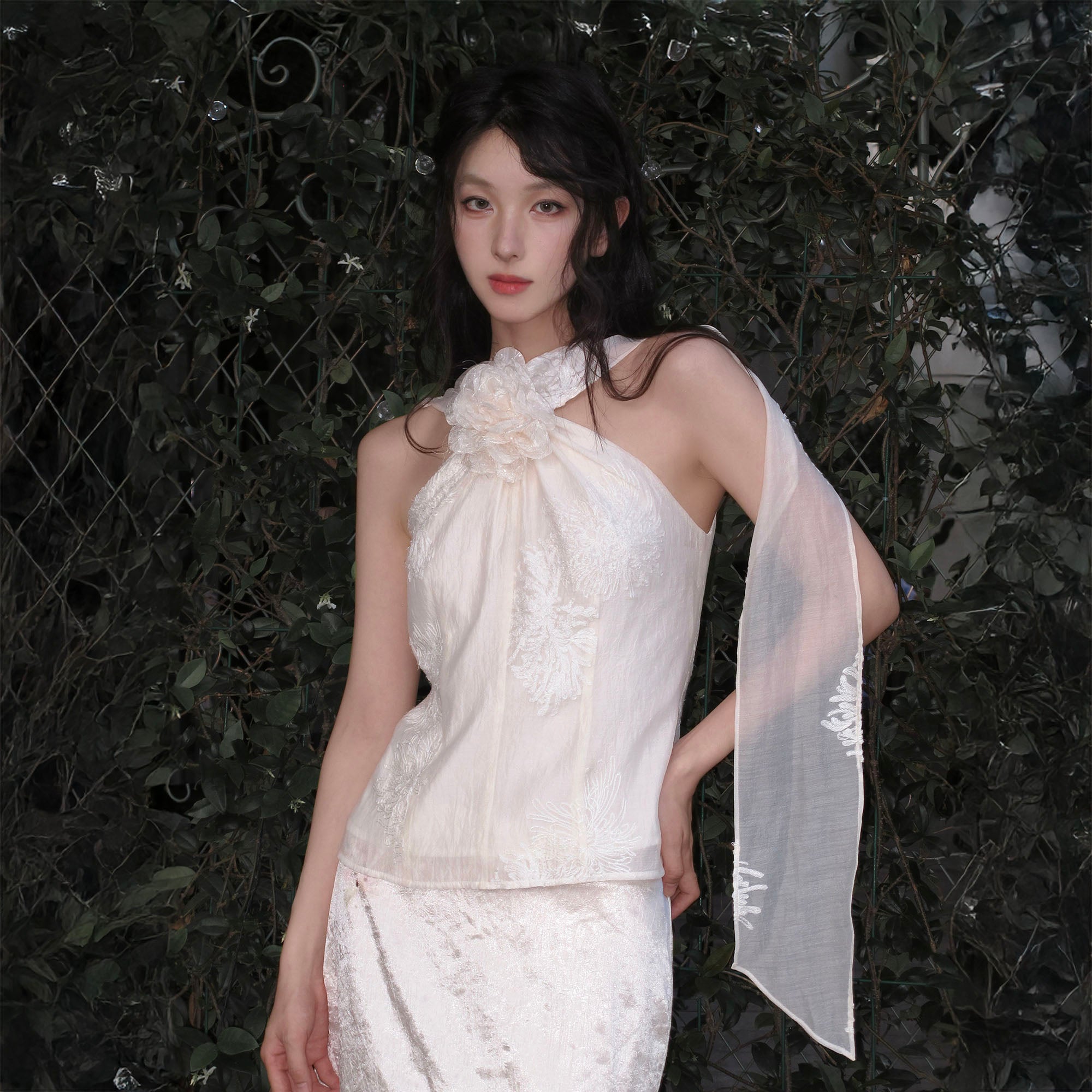 WHYNOTDANCE Floral Brooch Embroidered Halter Top