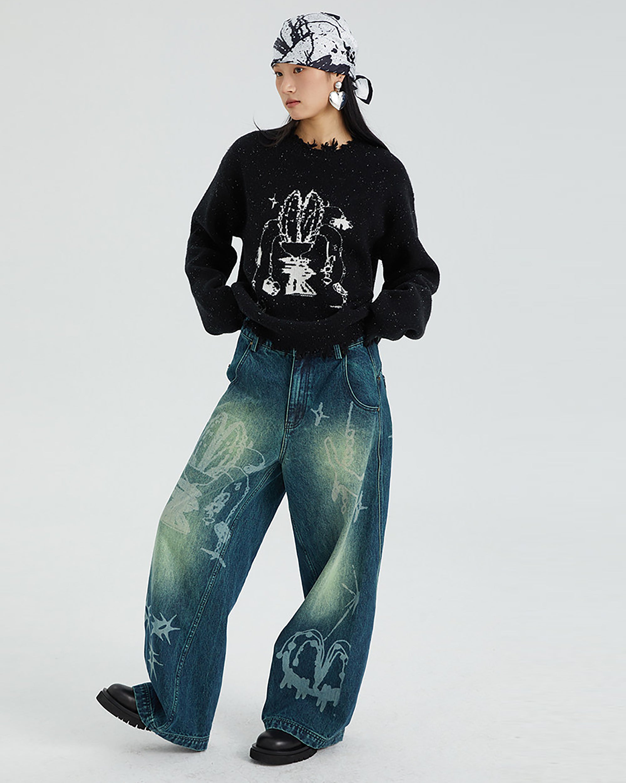 CONFUN Washed Full-Print Straight-Leg Jeans