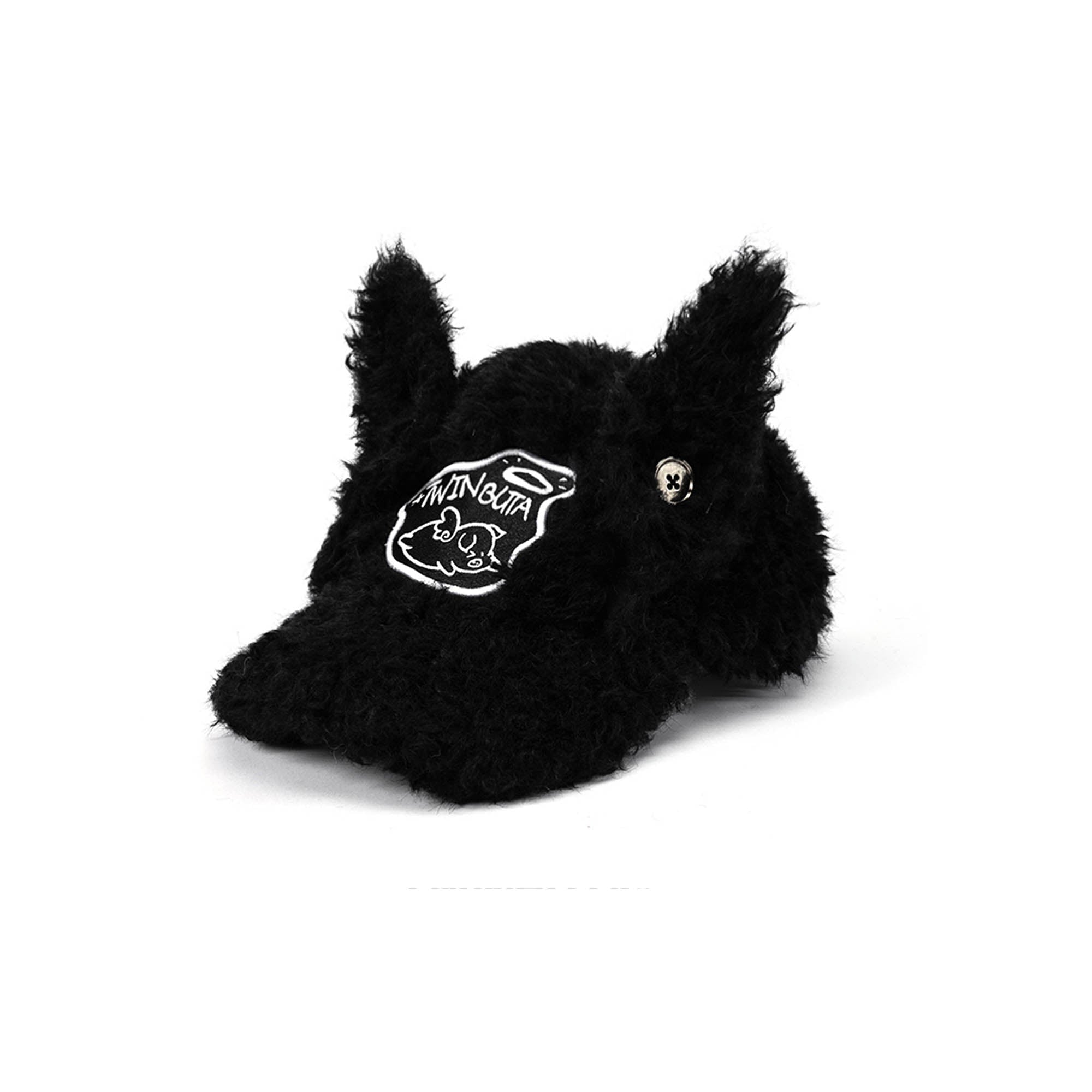 TWINBUTA Furry Ear Embroidered Cap Black