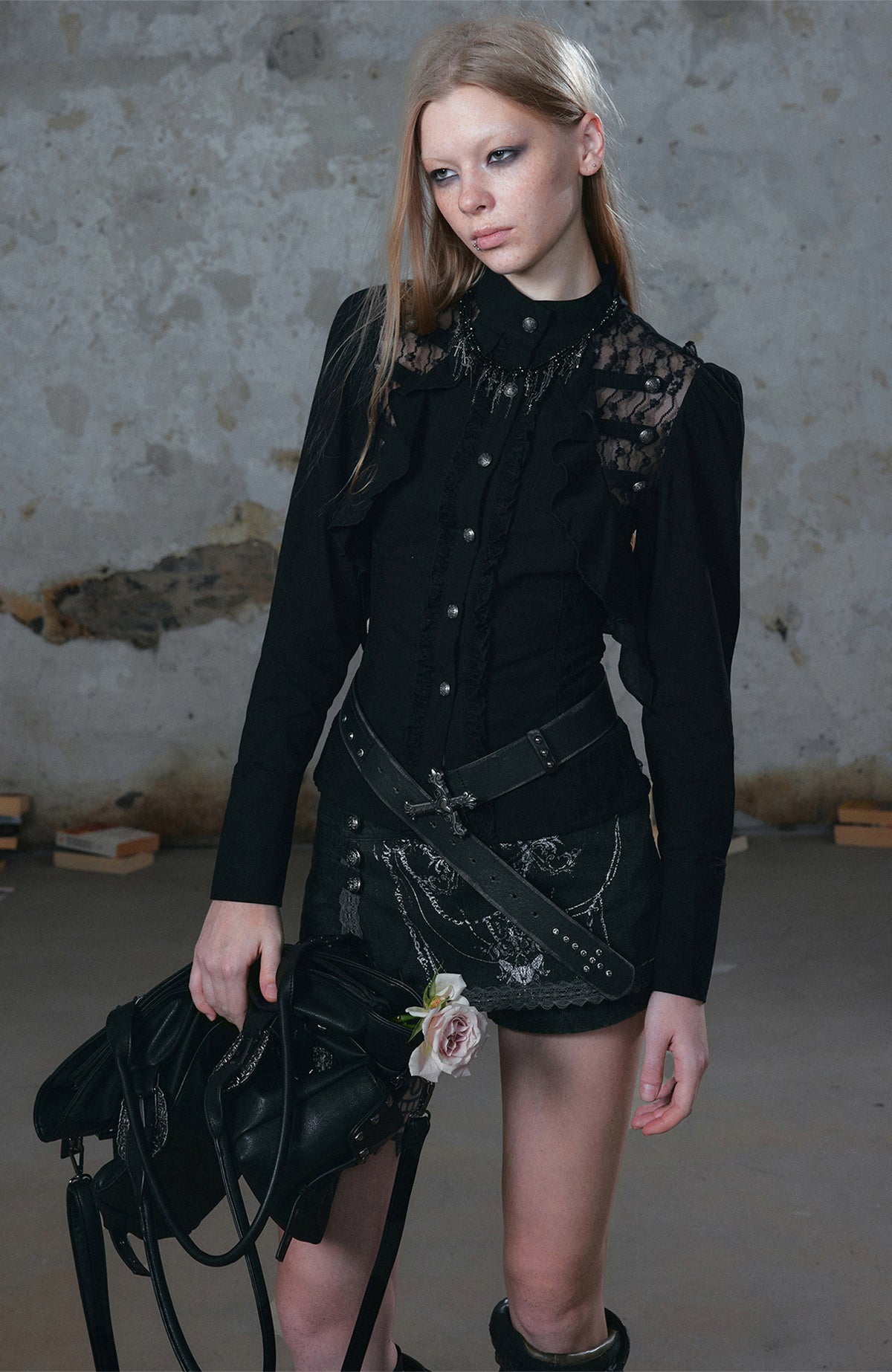 CESTNOUS Lace Ruffle Cinched-Waist Chiffon Spliced Shirt