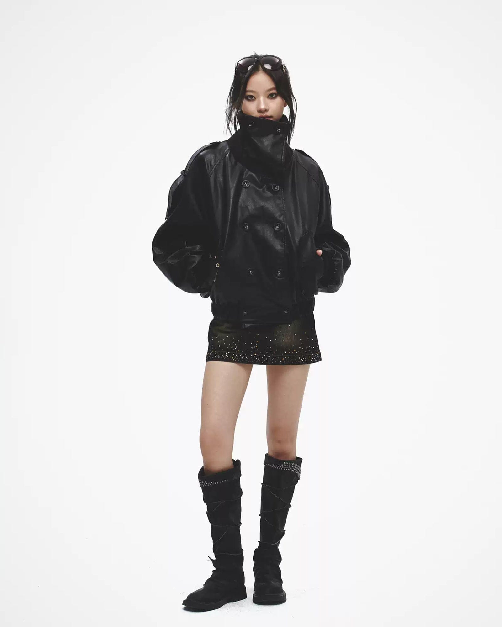 FAYCHUI Double-Breasted Faux Leather Jacket