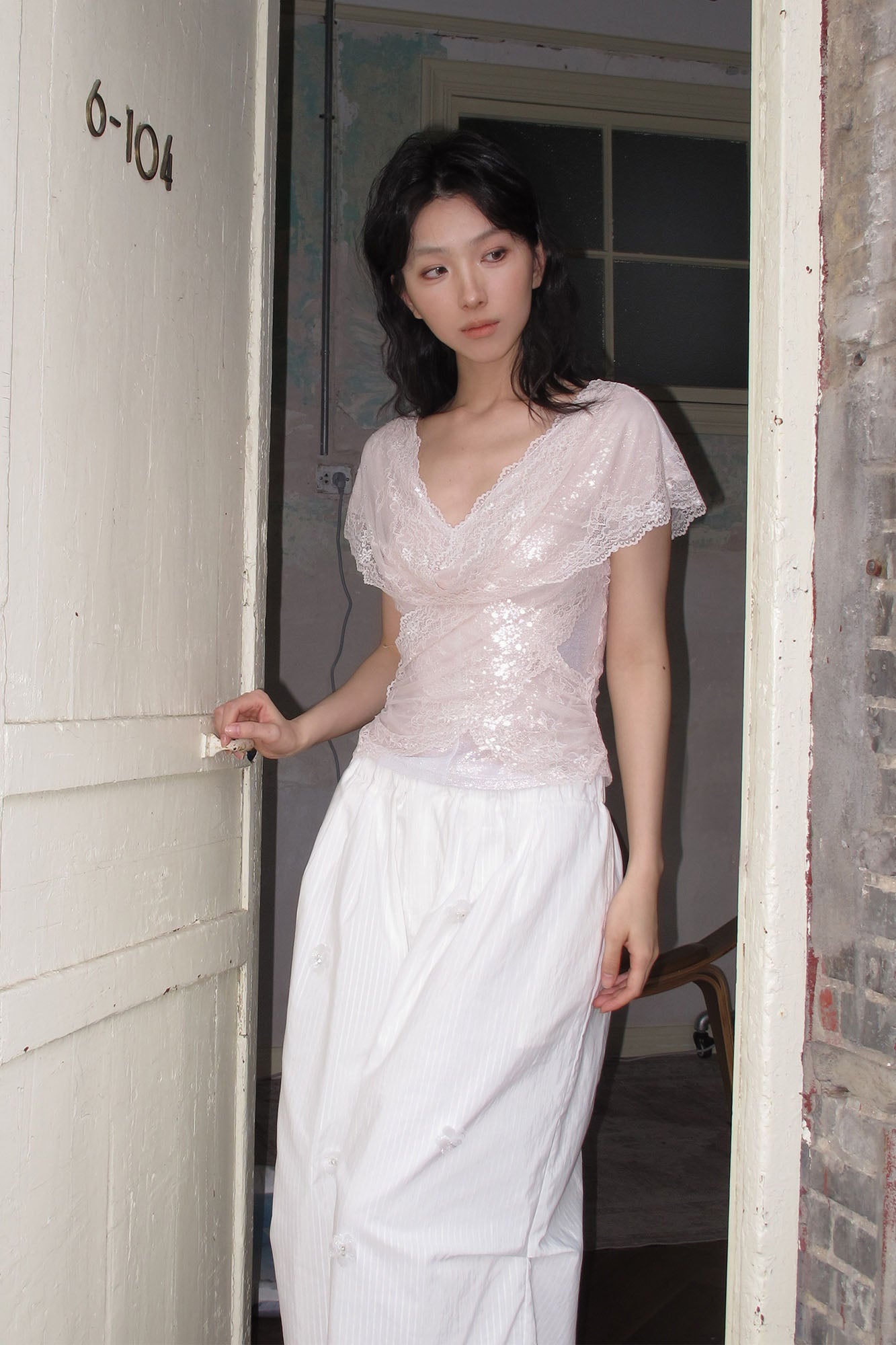 WHYNOTDANCE Draped Lace V-Neck Top