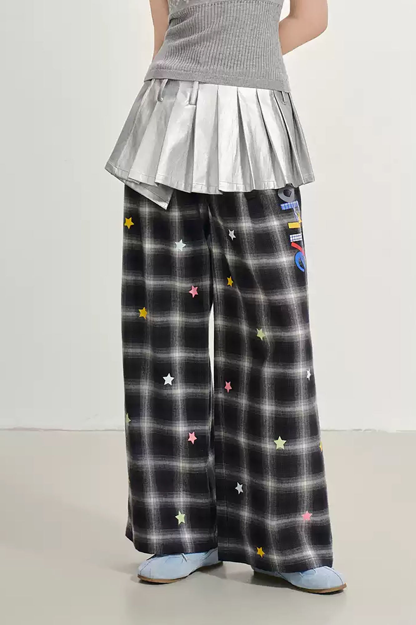 SOFITTE Denim-Waist Plaid Wide-Leg Pants