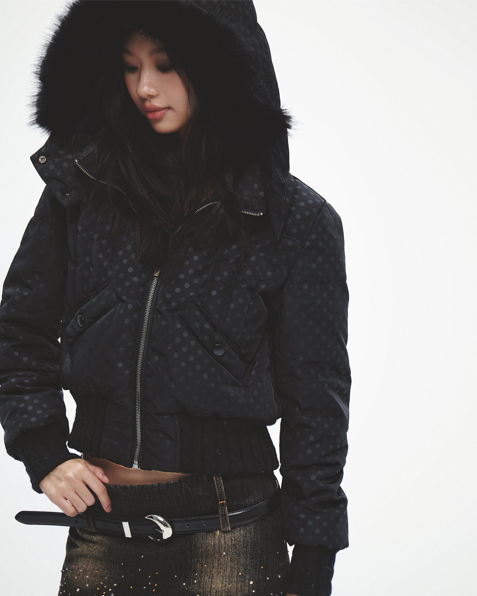 FAYCHUI Fur-Lined Hooded Polka Dot Duck Down Jacket