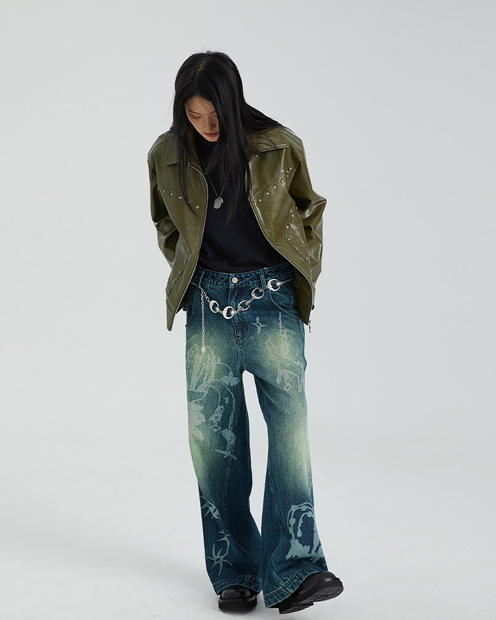 CONFUN Washed Full-Print Straight-Leg Jeans