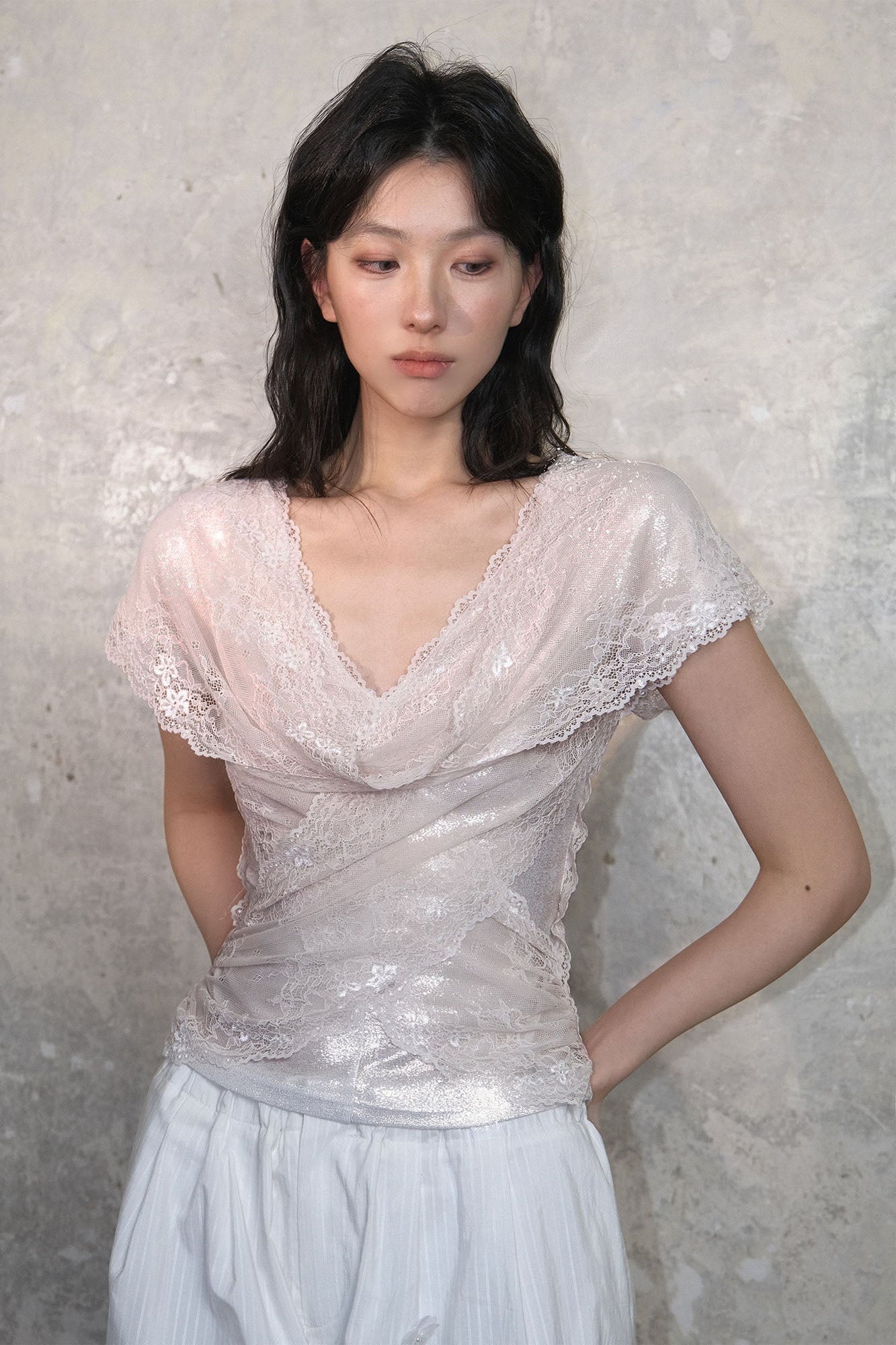 WHYNOTDANCE Draped Lace V-Neck Top