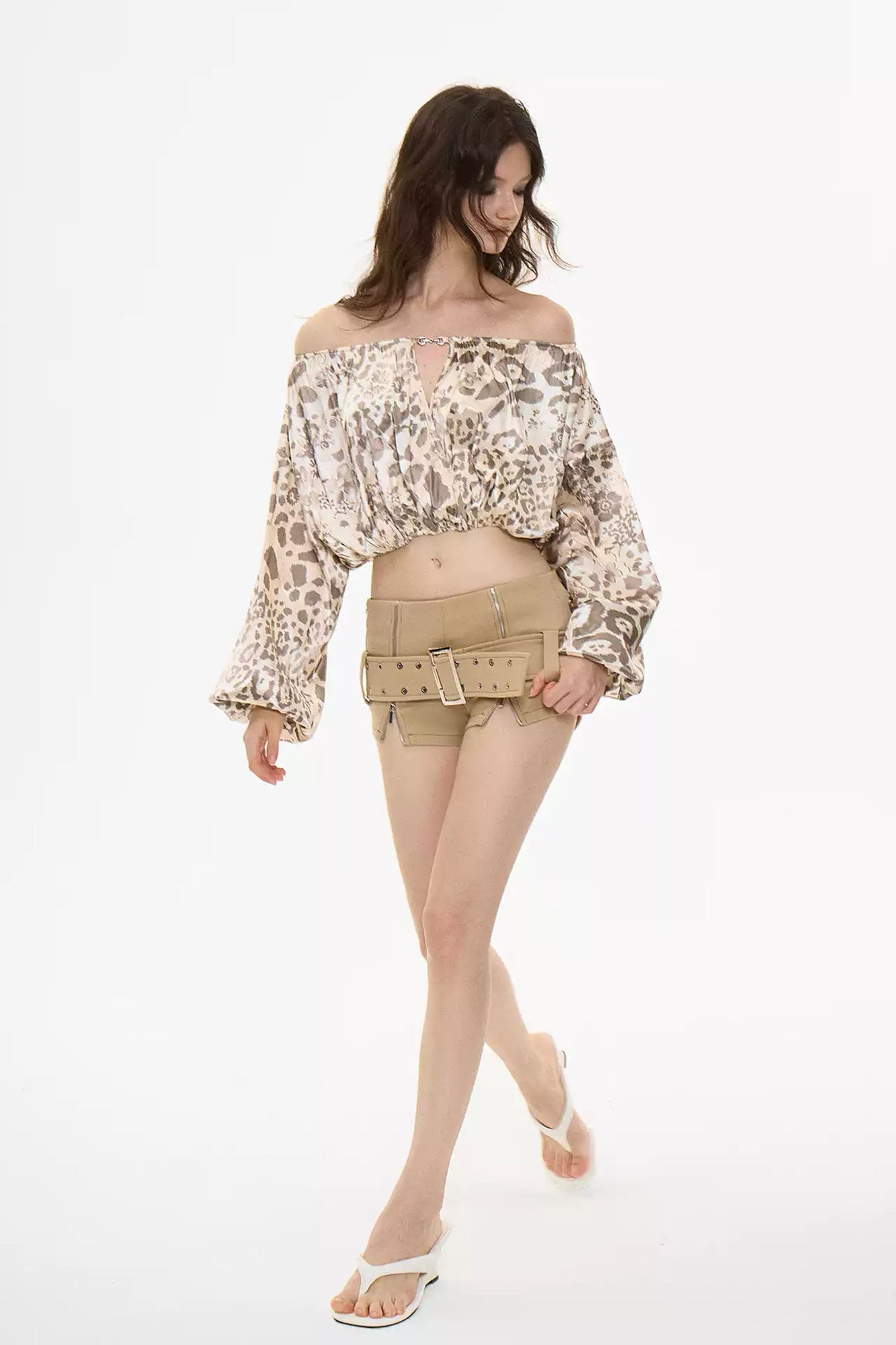 AE30 SAINT Leopard-Print Off-Shoulder Puff Sleeve Shirt