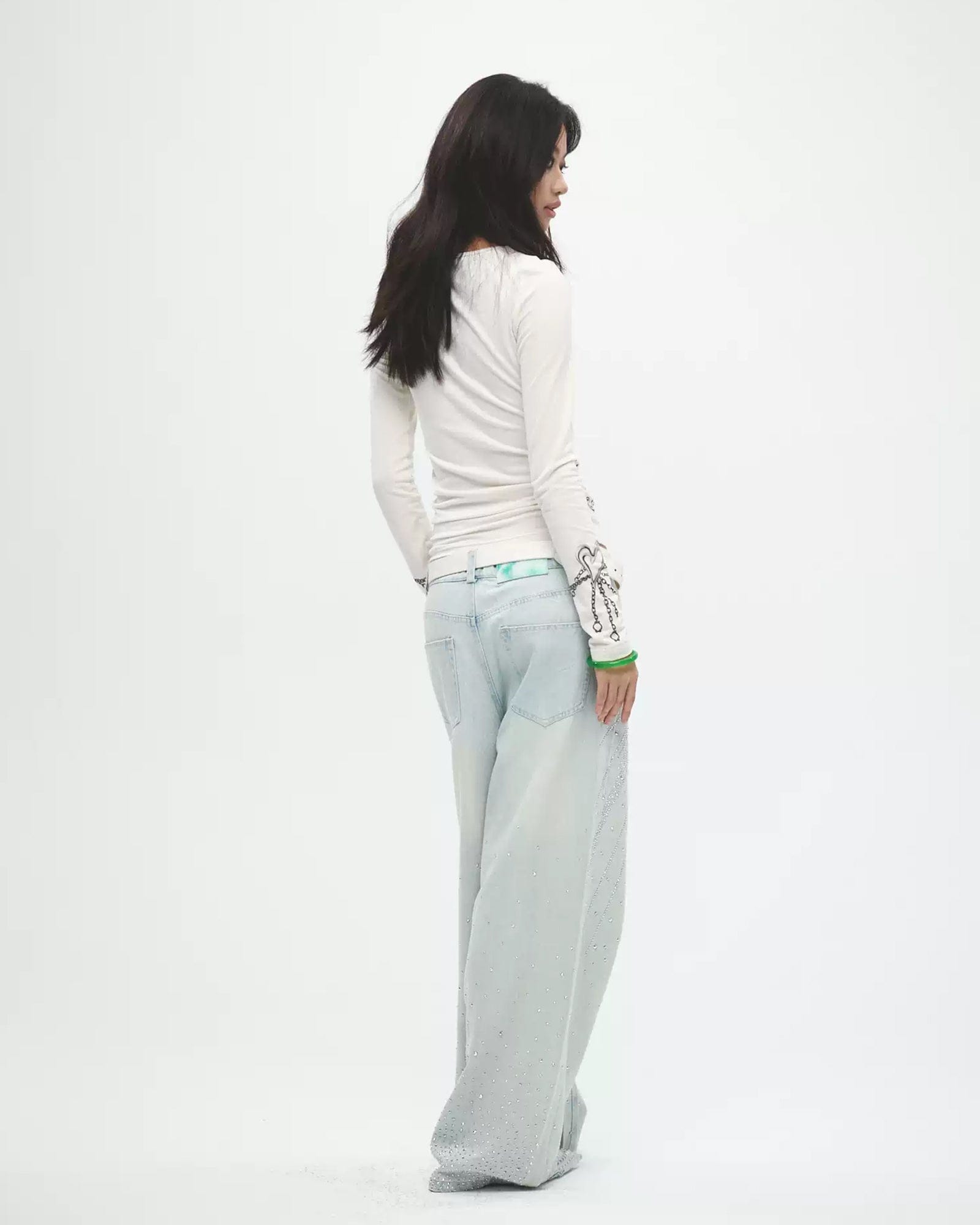 FAYCHUI Sparkly Diamond Denim Pants Light Blue